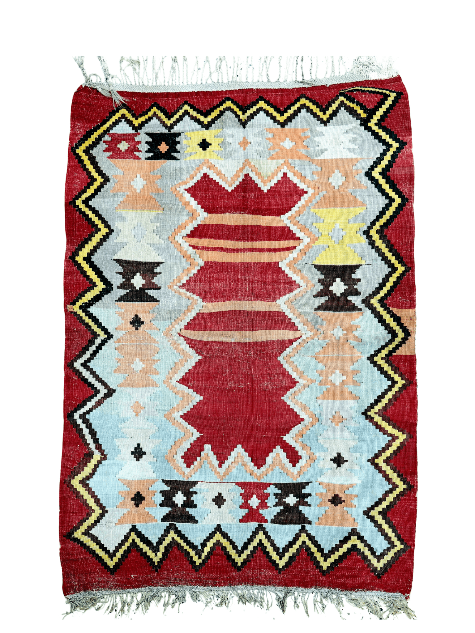 Turkish kilim rug with red background, geometric diamonds, and zigzag border