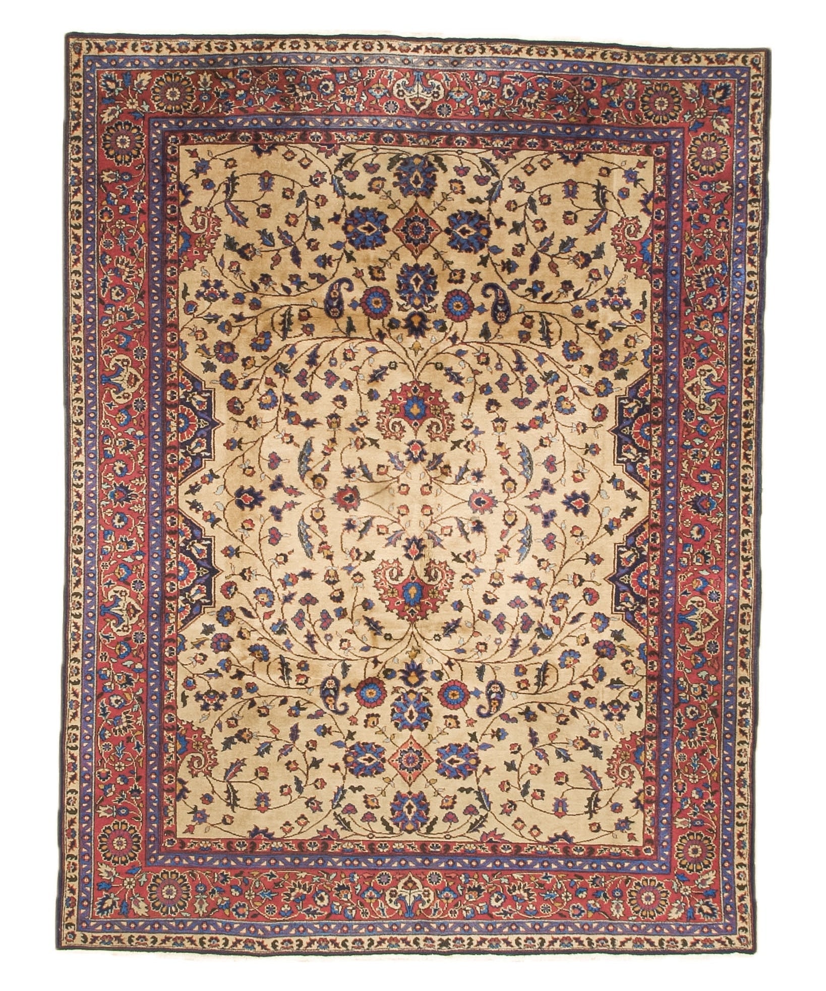 Turkish Oushak rug with cream field, red border, blue floral medallion and corner motifs