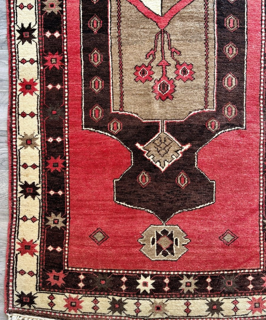 Red and beige Turkish rug with dark geometric medallion and patterned borders