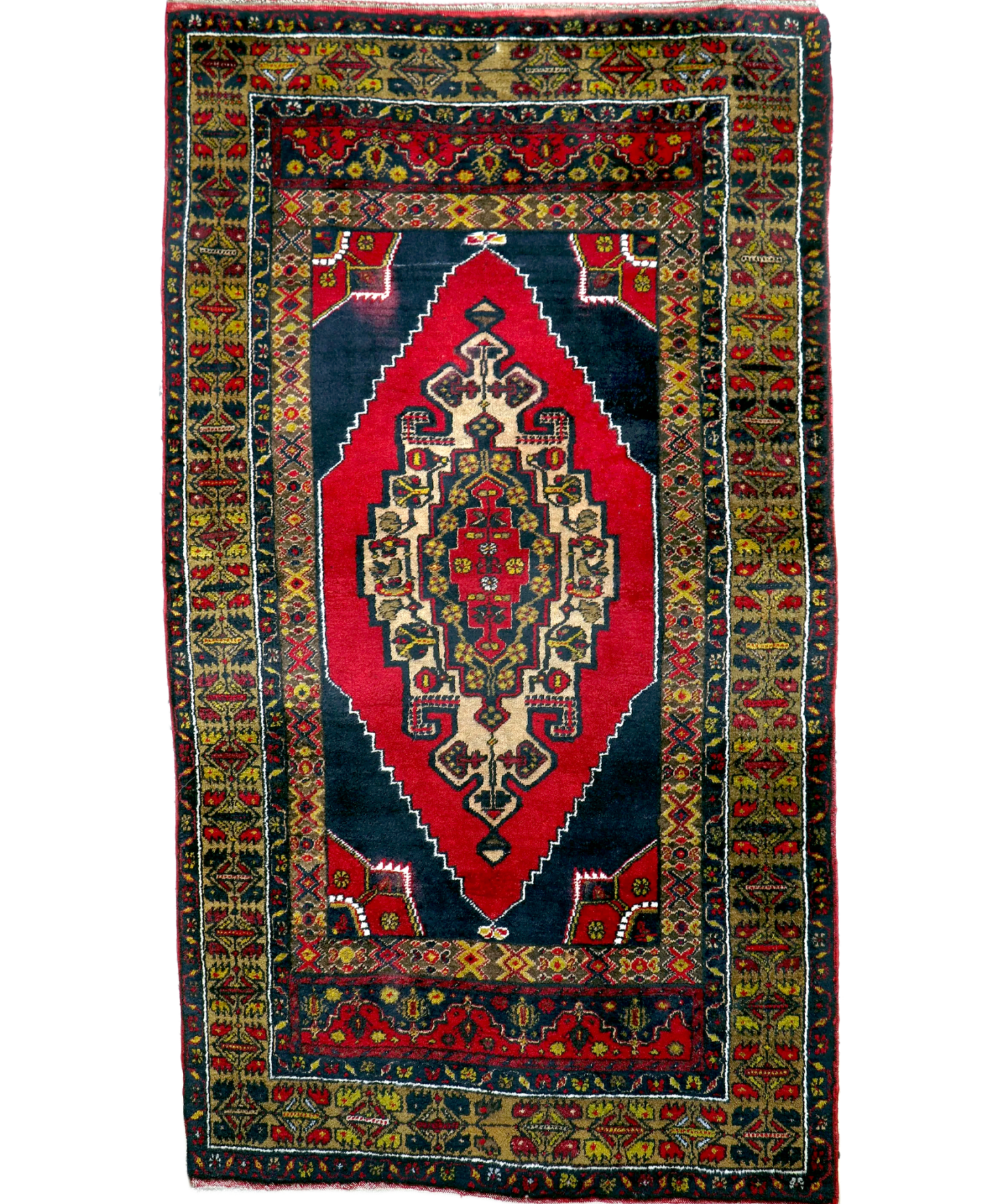 Turkish rug with red center diamond and teal, navy, and multicolor frame