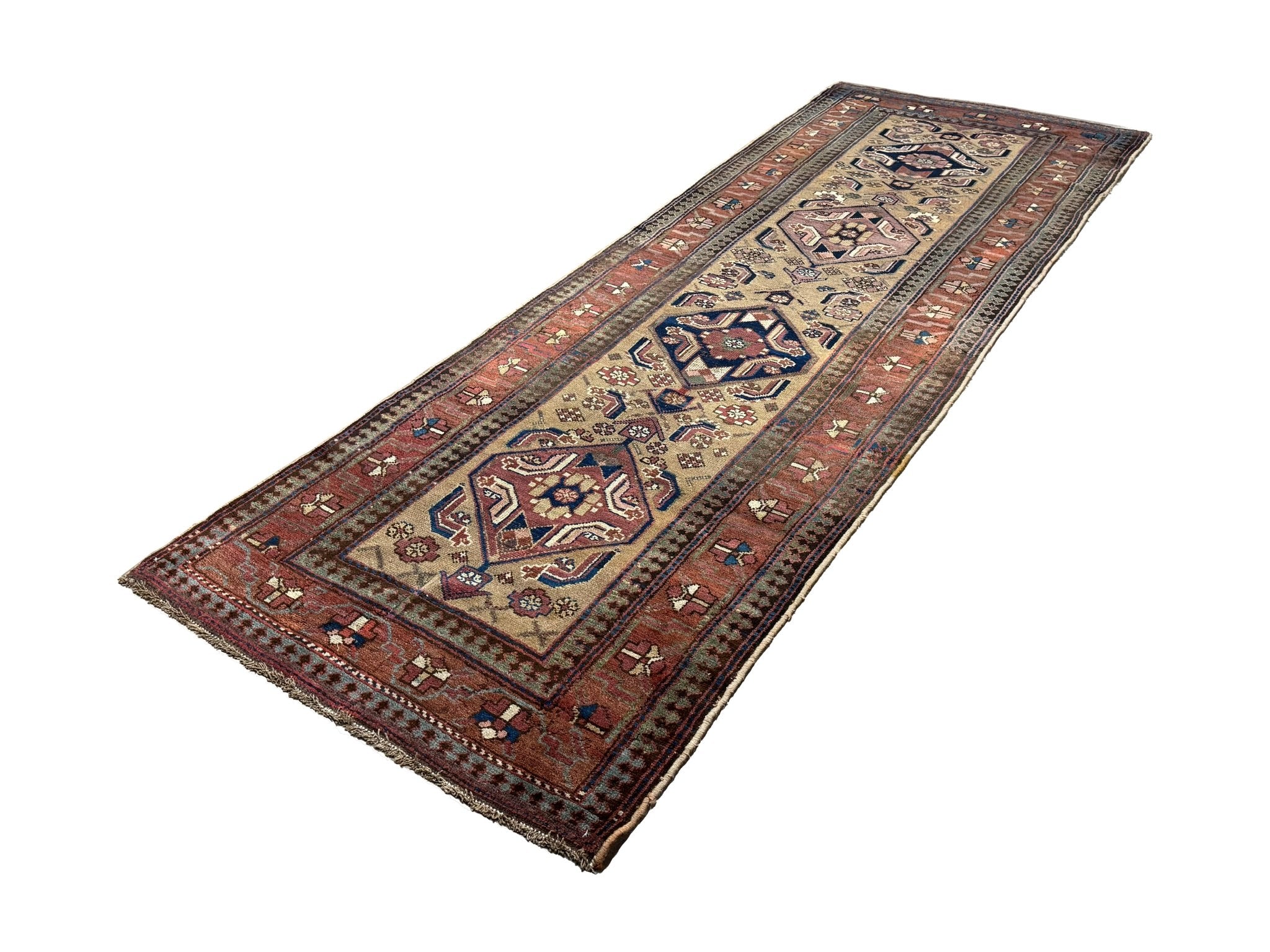 Persian Uch Tappeh Runner, diagonal full view, hand-knotted wool with beige colouring. SKU 1.0087.