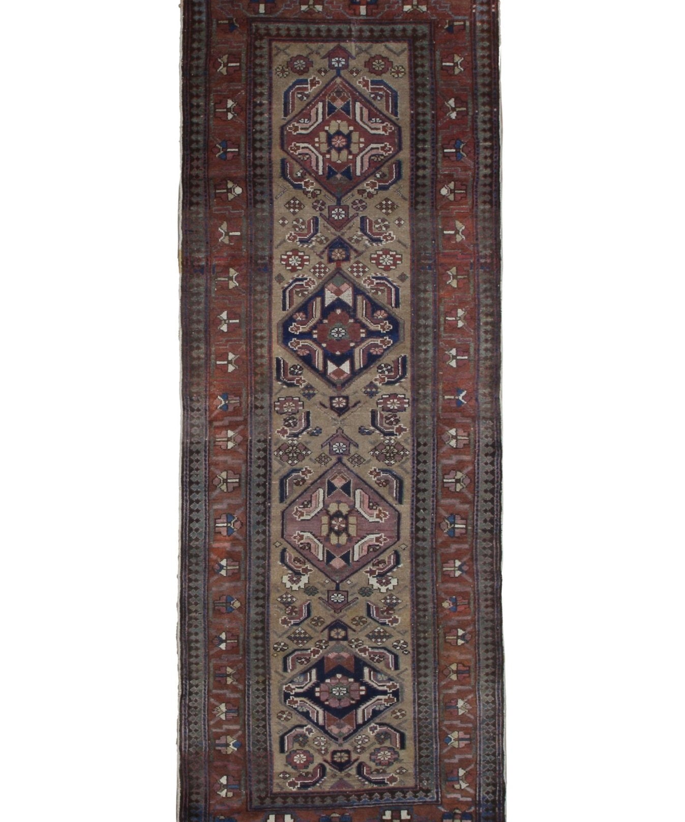 Persian Uch Tappeh Runner, top view on white background, hand-knotted wool with beige colouring. SKU 1.0087.