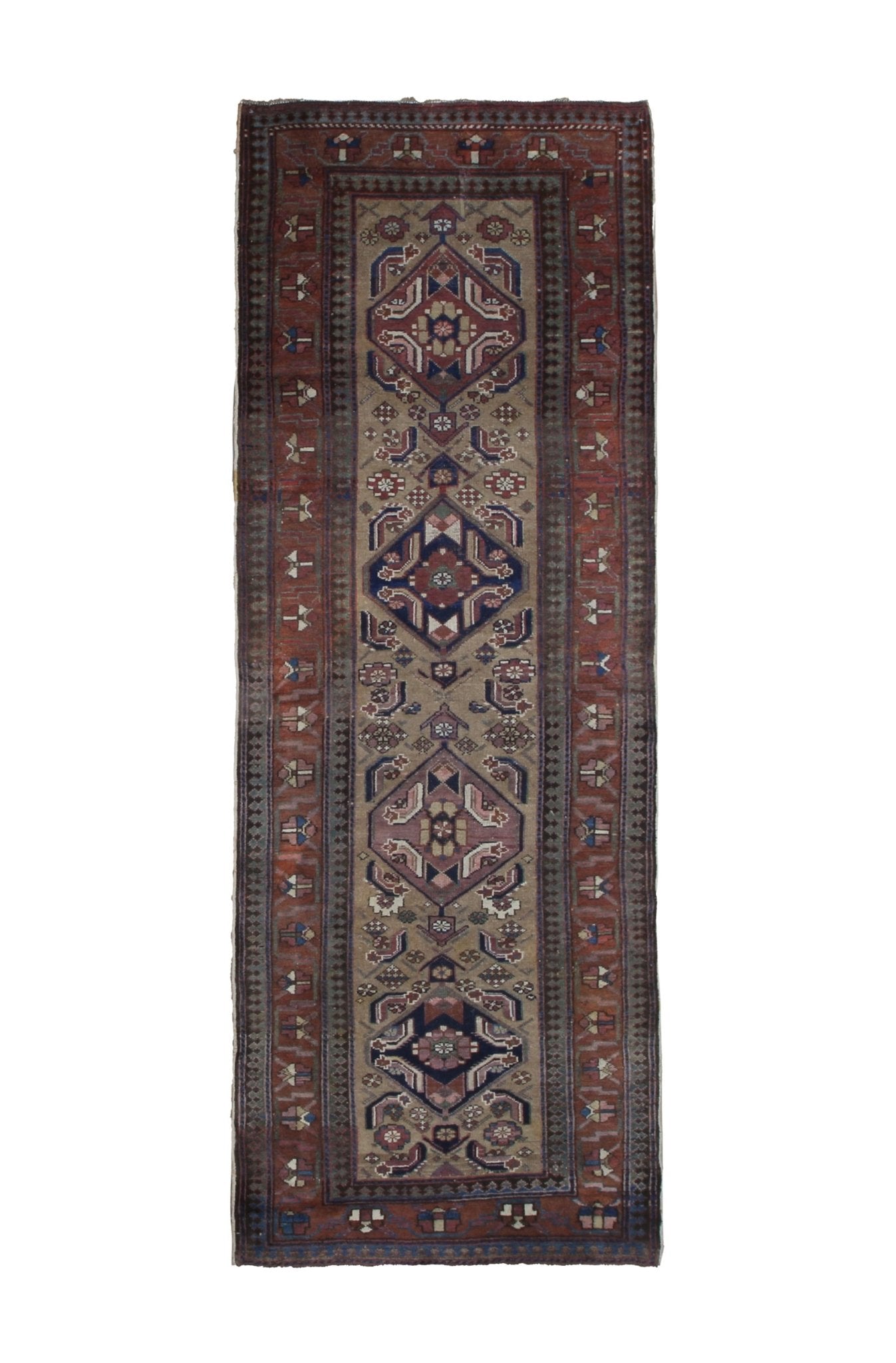 Persian Uch Tappeh Runner, top view on white background, hand-knotted wool with beige colouring. SKU 1.0087.