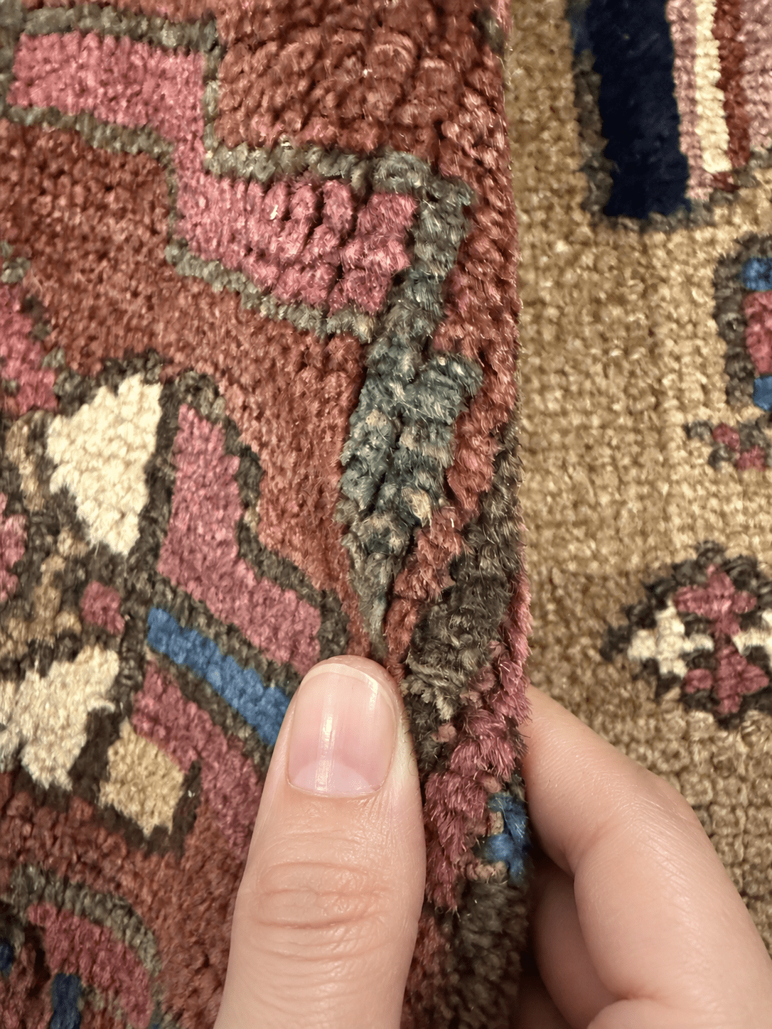 Uch Tappeh Runner — Angular Medallions on Muted Beige with a Dark Red Border. Rug pile and texture detail; SKU 1.0087; source IMG_6812.