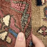 Uch Tappeh Runner — Angular Medallions on Muted Beige with a Dark Red Border. Rug pile and texture detail; SKU 1.0087; source IMG_6812.