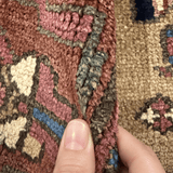 Uch Tappeh Runner — Angular Medallions on Muted Beige with a Dark Red Border. Rug pile and texture detail; SKU 1.0087; source IMG_6812.