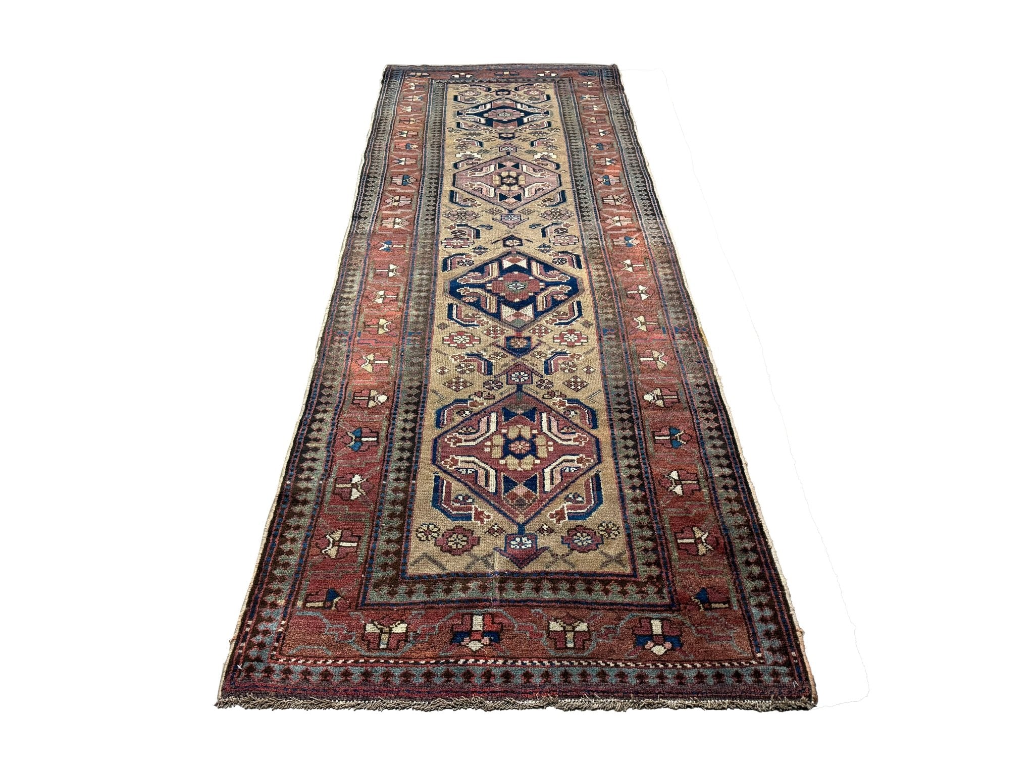 Persian Uch Tappeh Runner, lengthwise view, hand-knotted wool with beige colouring. SKU 1.0087.