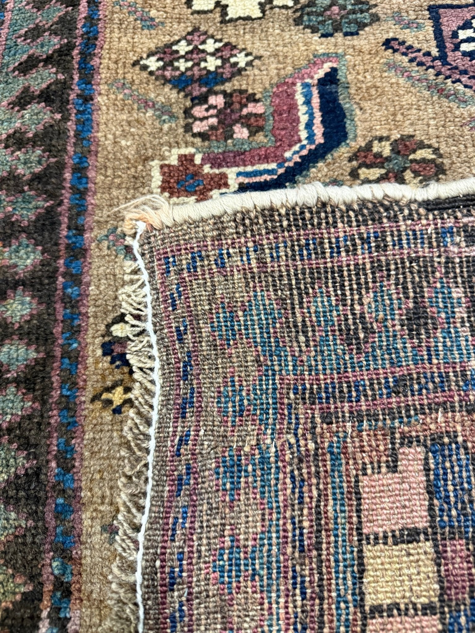 Uch Tappeh Runner — Angular Medallions on Muted Beige with a Dark Red Border. Original rug photograph; SKU 1.0087; source 1.0087 IMG_6813.