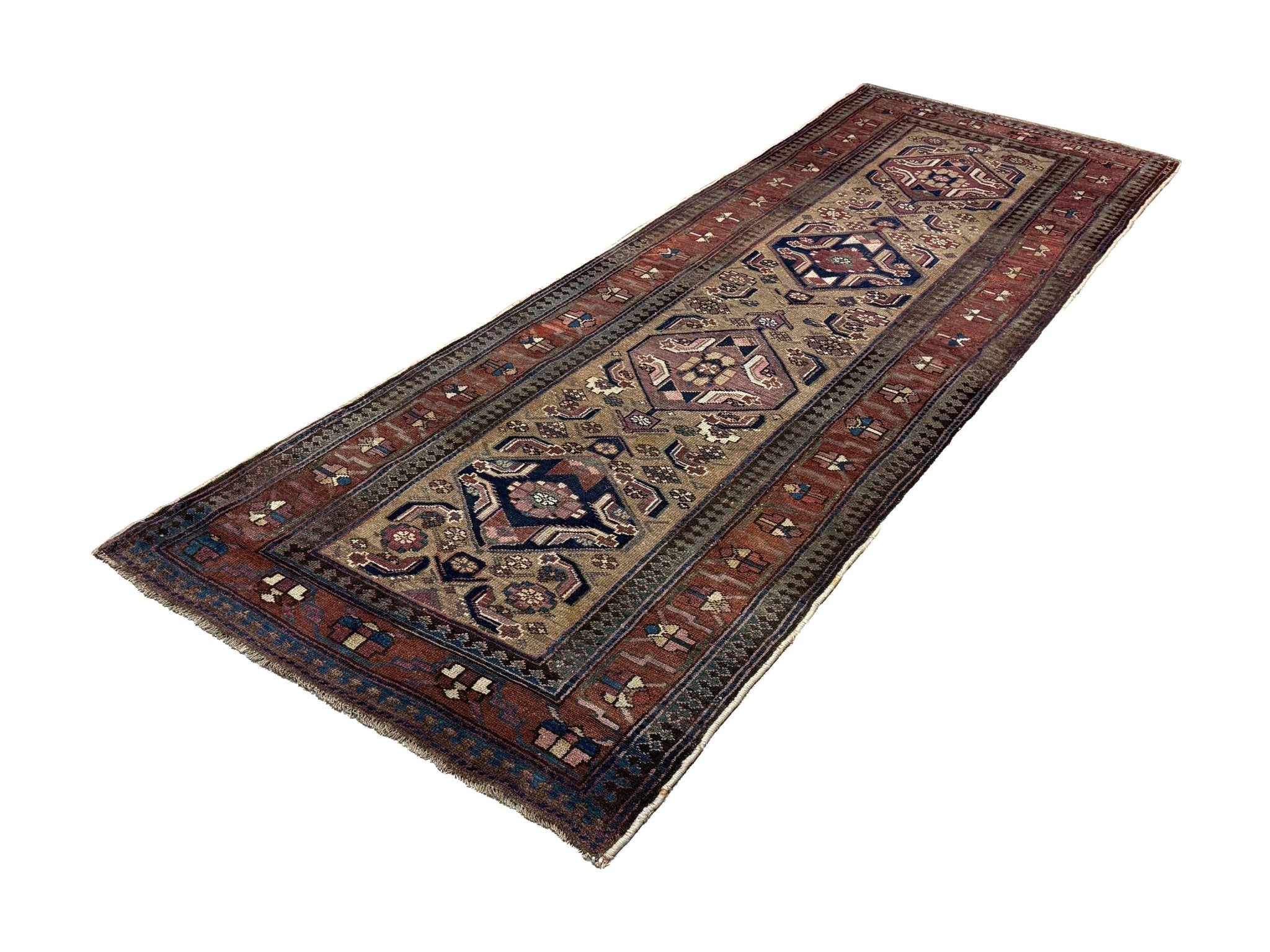 Persian Uch Tappeh Runner, diagonal full view, hand-knotted wool with beige colouring. SKU 1.0087.