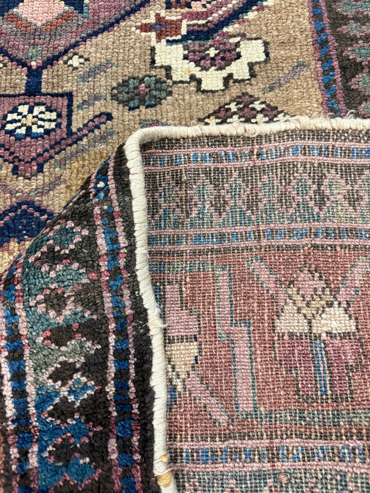 Uch Tappeh Runner — Angular Medallions on Muted Beige with a Dark Red Border. Original rug photograph; SKU 1.0087; source 1.0087 IMG_6809.