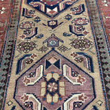 Uch Tappeh Runner — Angular Medallions on Muted Beige with a Dark Red Border. Original rug photograph; SKU 1.0087; source 1.0087 IMG_6807.