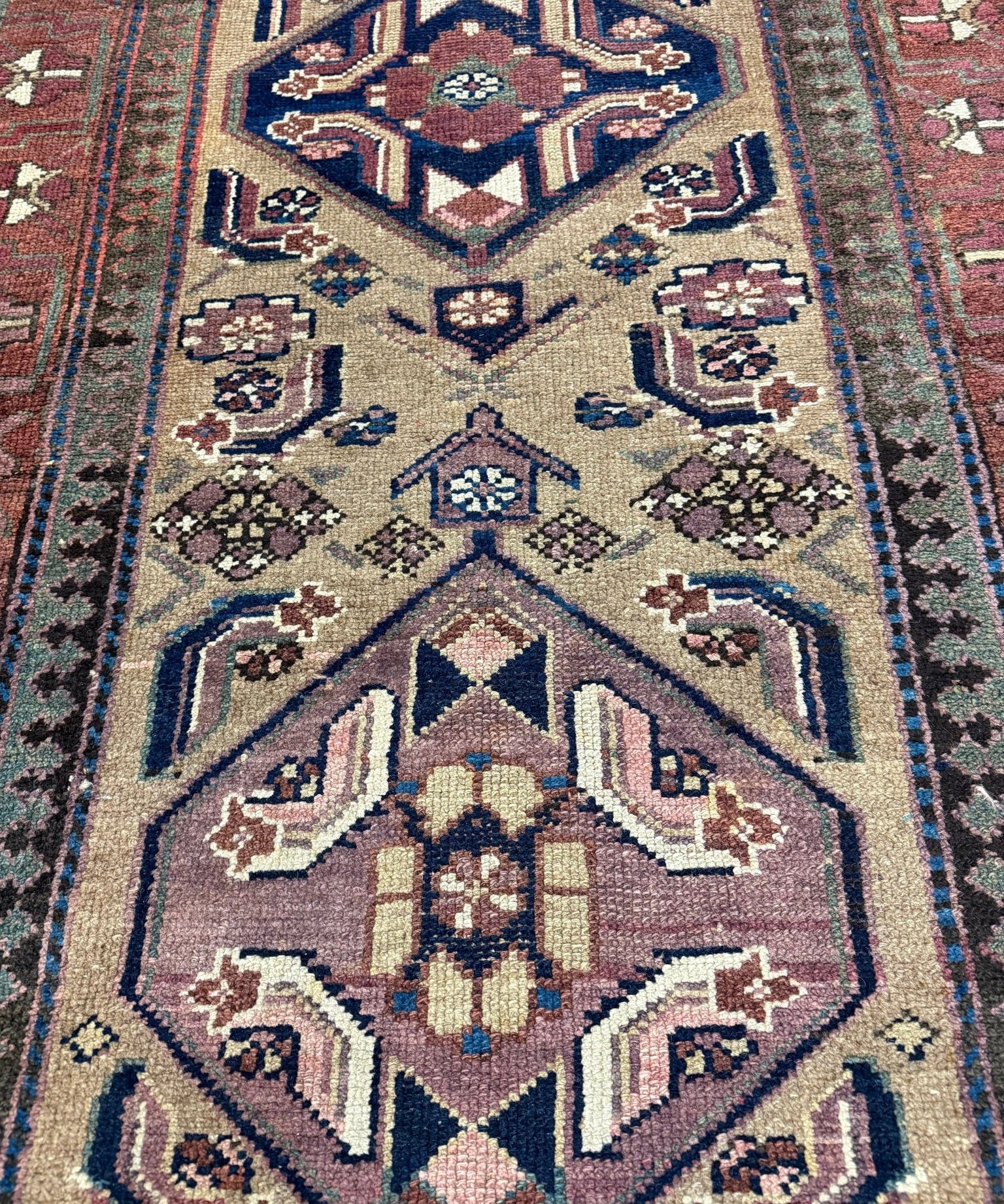 Uch Tappeh Runner — Angular Medallions on Muted Beige with a Dark Red Border. Original rug photograph; SKU 1.0087; source 1.0087 IMG_6807.