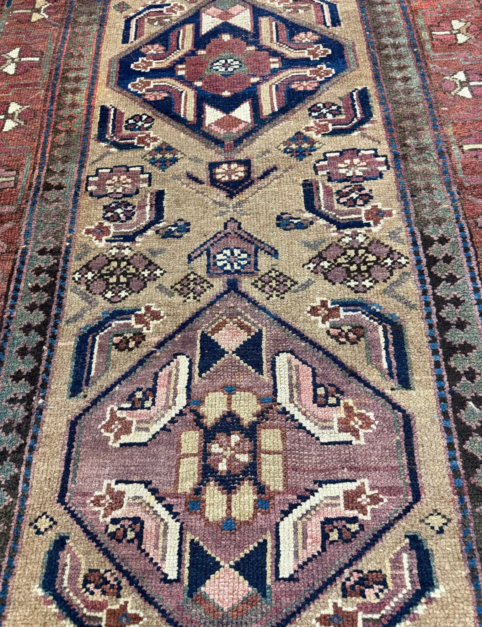Uch Tappeh Runner — Angular Medallions on Muted Beige with a Dark Red Border. Original rug photograph; SKU 1.0087; source 1.0087 IMG_6807.