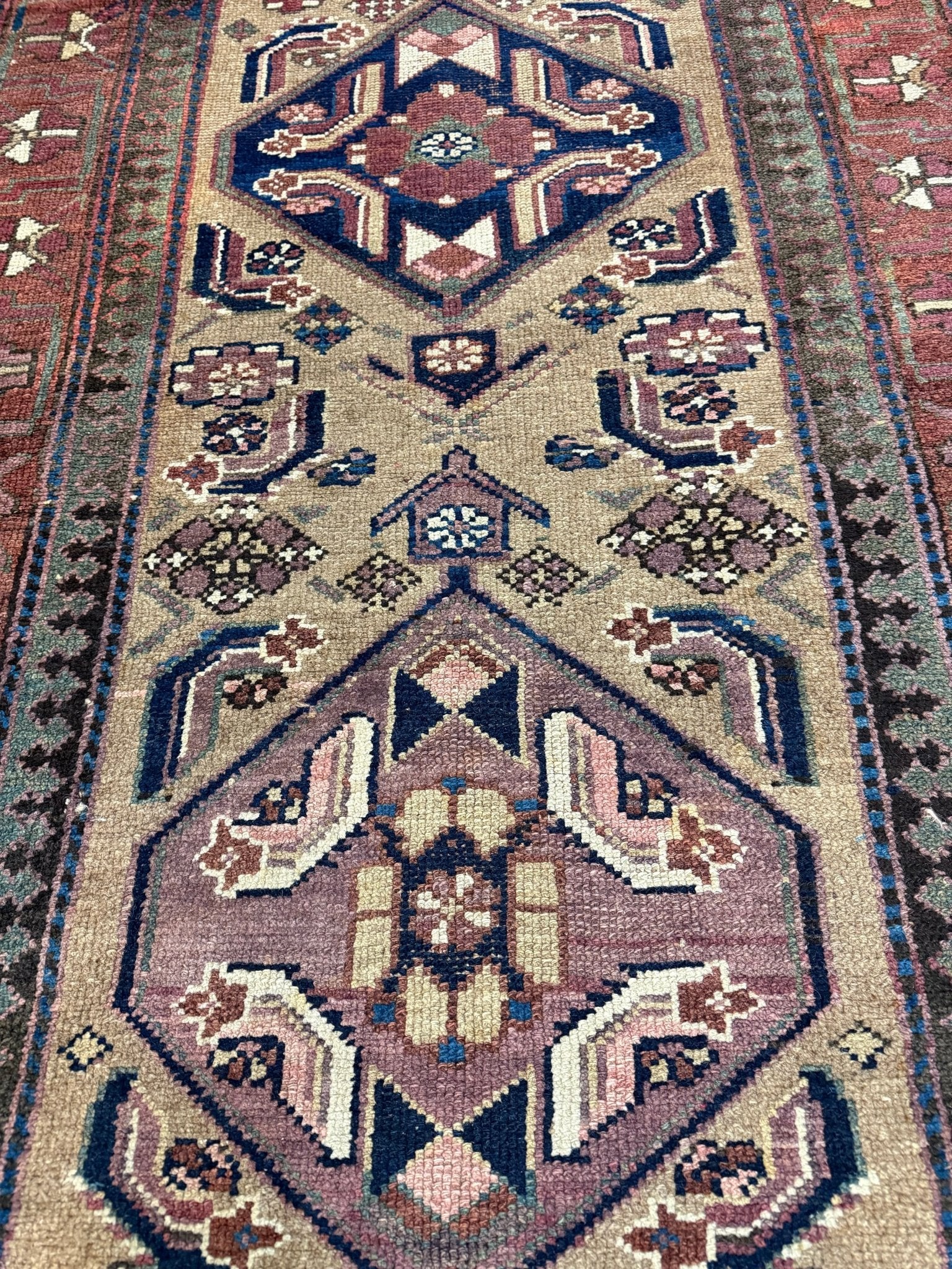 Uch Tappeh Runner — Angular Medallions on Muted Beige with a Dark Red Border. Original rug photograph; SKU 1.0087; source 1.0087 IMG_6807.