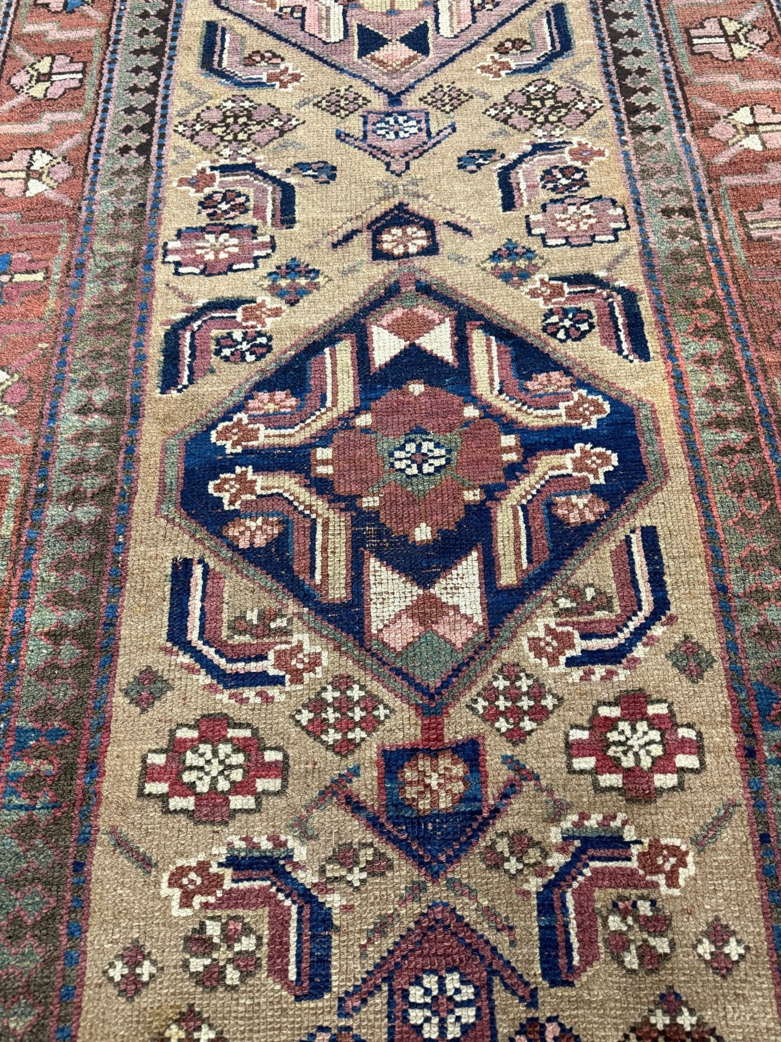 Uch Tappeh Runner — Angular Medallions on Muted Beige with a Dark Red Border. Original rug photograph; SKU 1.0087; source 1.0087 IMG_6818.