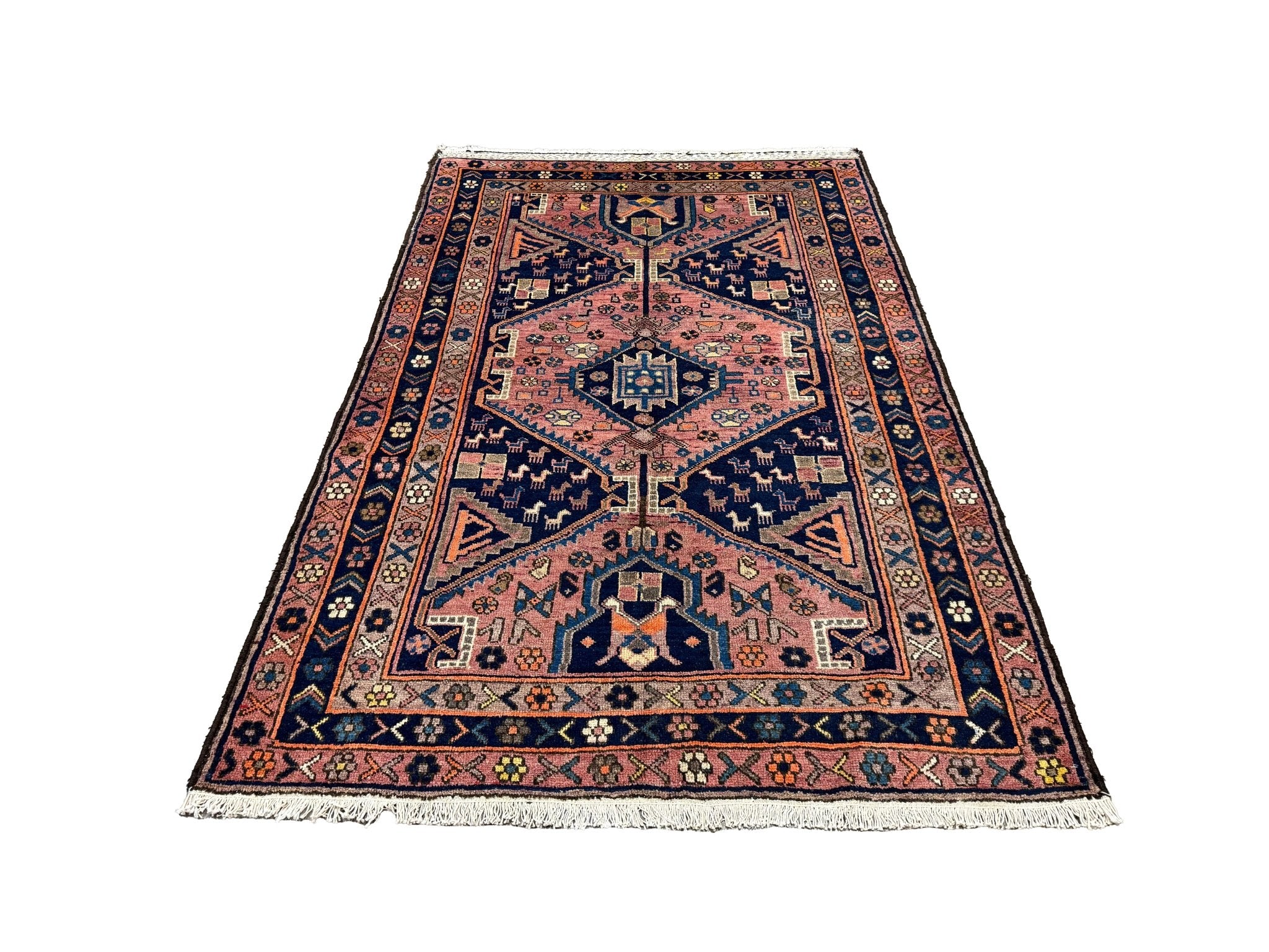 Vintage Afshar Luri Rug, front perspective view of the complete rug, hand-knotted wool pile. SKU RR 32536.