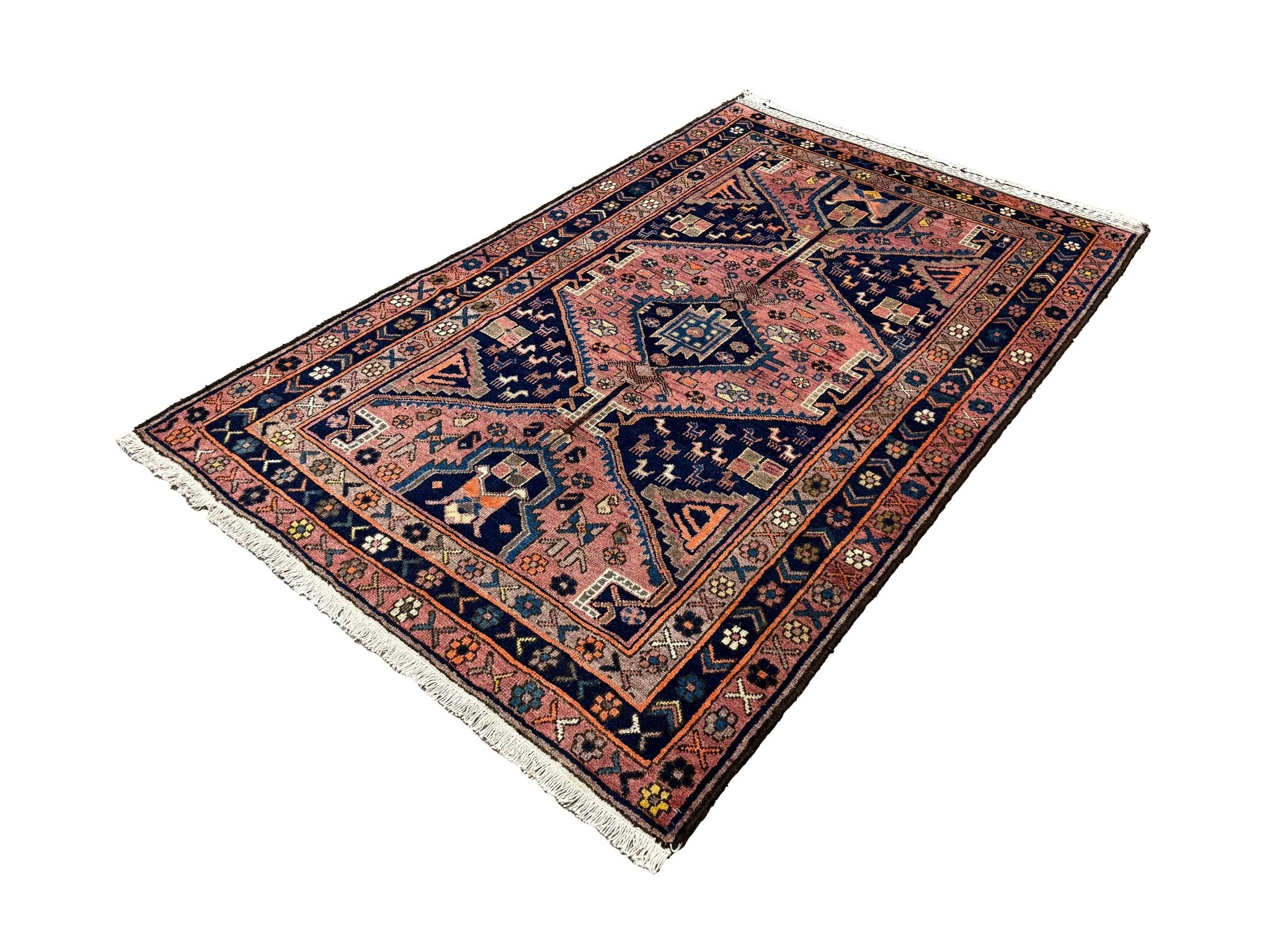 Vintage Afshar Luri Rug, diagonal perspective view of the complete rug, hand-knotted wool pile. SKU RR 32536.