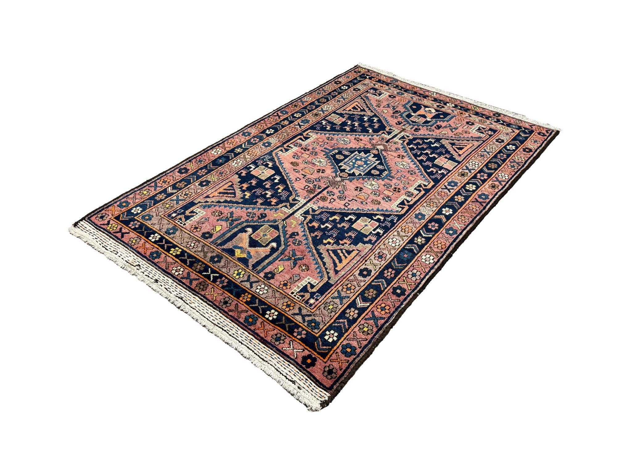 Vintage Afshar Luri Rug, angled view showing the full field and borders, hand-knotted wool pile. SKU RR 32536.