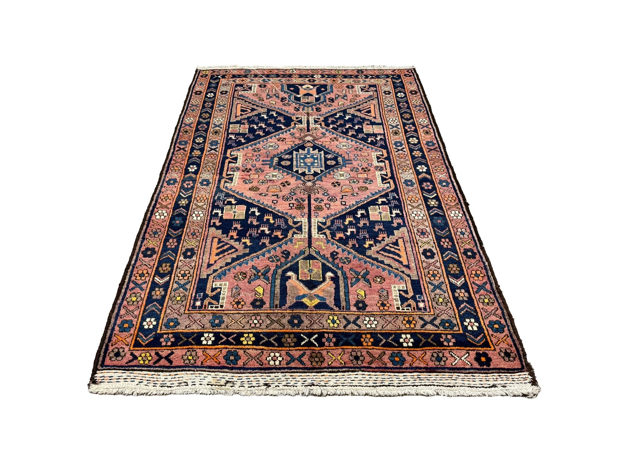 Vintage Afshar Luri Rug, full rug in perspective showing the patterned field and borders, hand-knotted wool pile. SKU RR 32536.