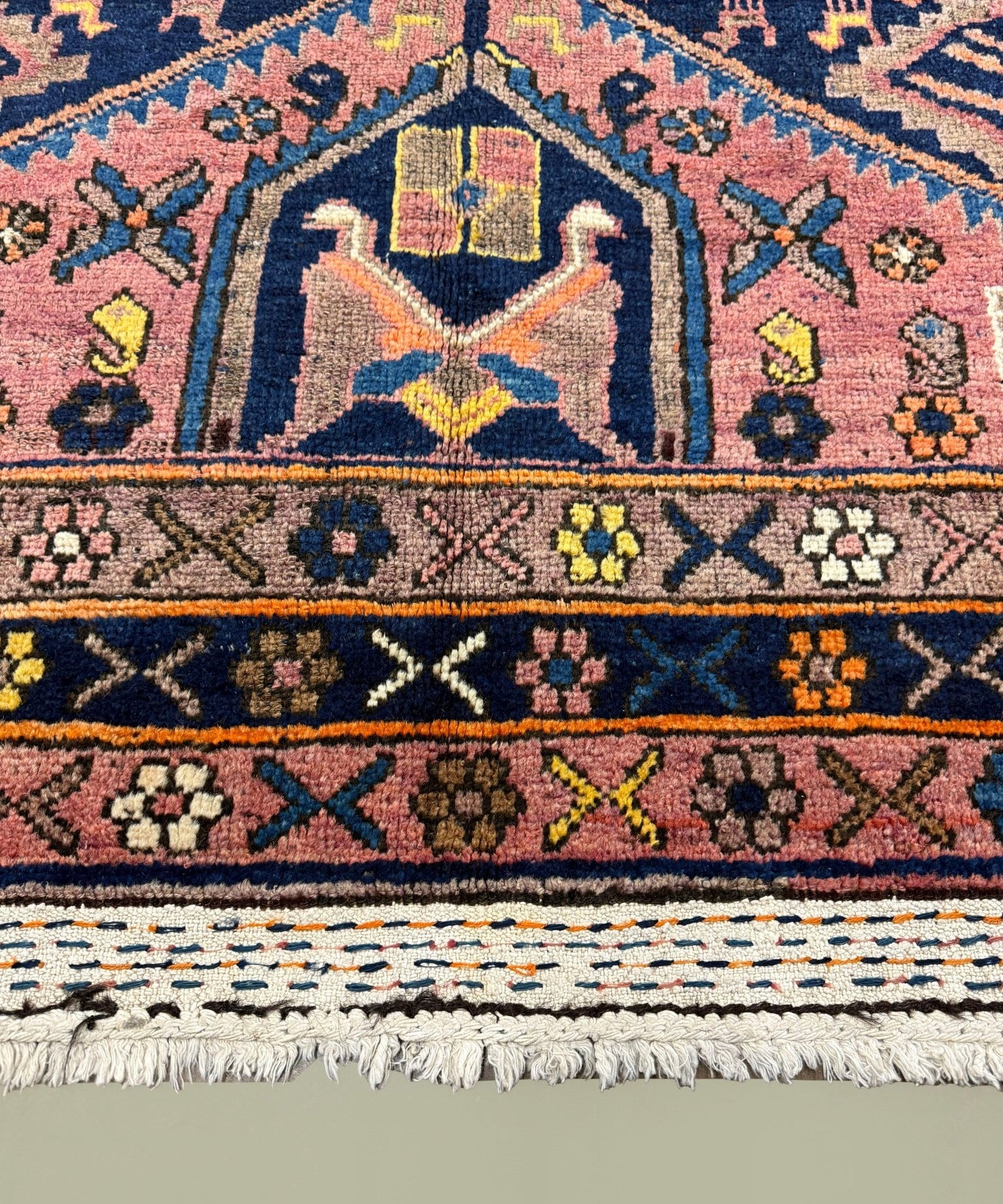 Vintage Afshar Luri Rug, close-up of the border and fringe, hand-knotted wool pile. SKU RR 32536.