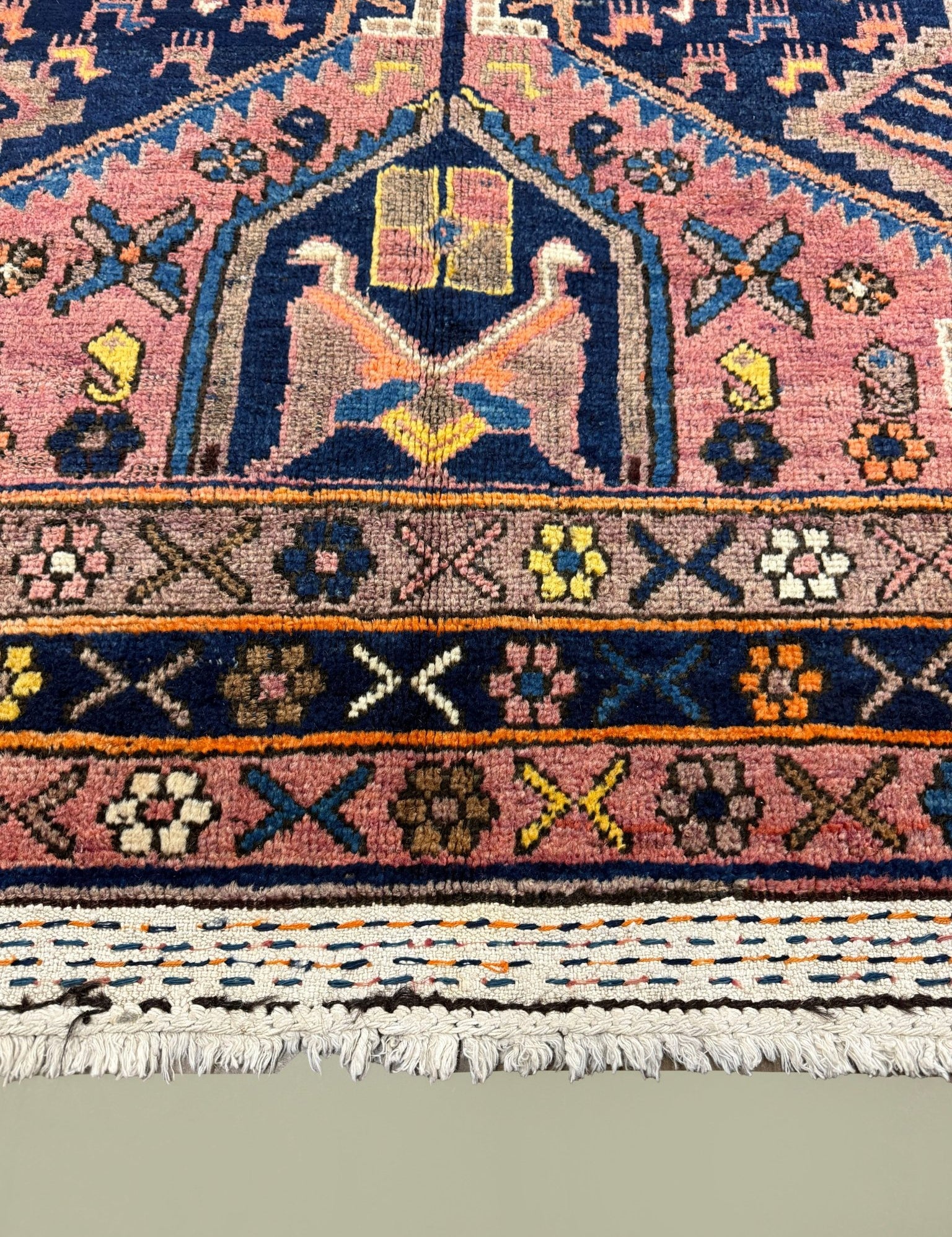 Vintage Afshar Luri Rug, close-up of the border and fringe, hand-knotted wool pile. SKU RR 32536.