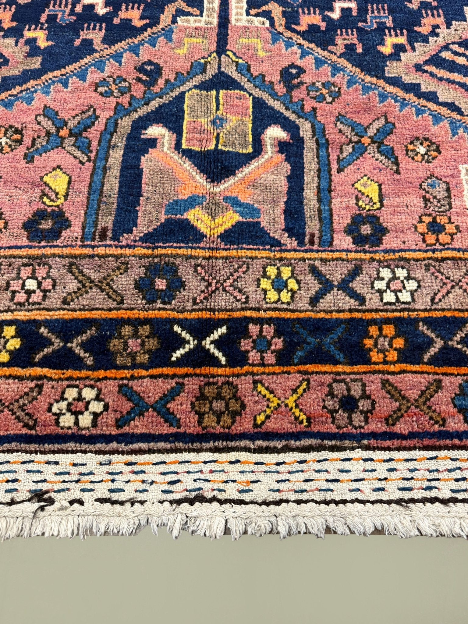 Vintage Afshar Luri Rug, close-up of the border and fringe, hand-knotted wool pile. SKU RR 32536.