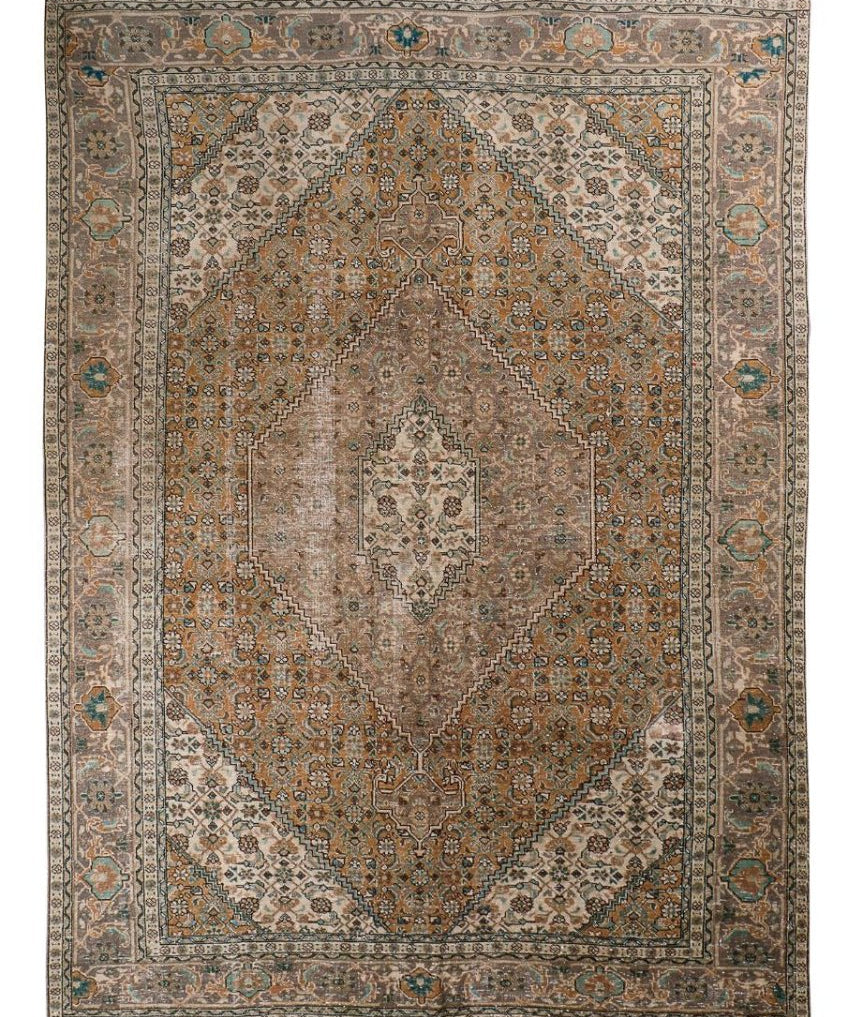 Ardabil-style vintage rug, square layout, warm beige center with blue and teal border