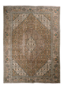Ardabil-style vintage rug, square layout, warm beige center with blue and teal border