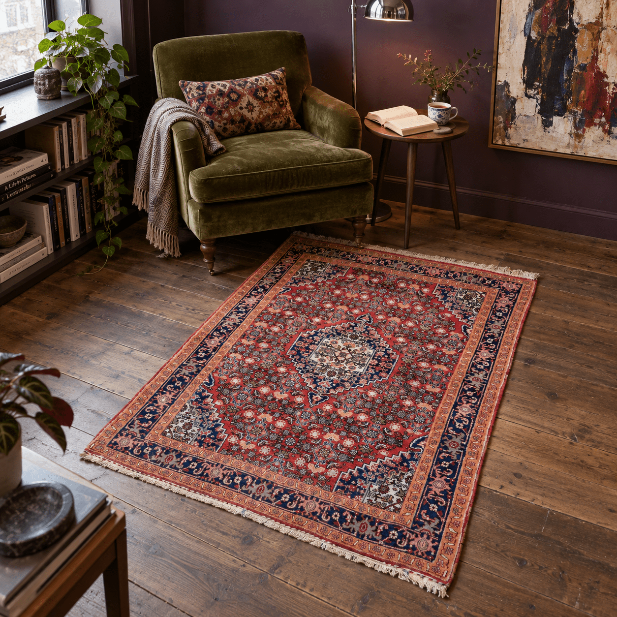 Vintage Bijar Rug — Coral Red & Apricot Border | 3'9" × 5'7" - Rug the Rock - available