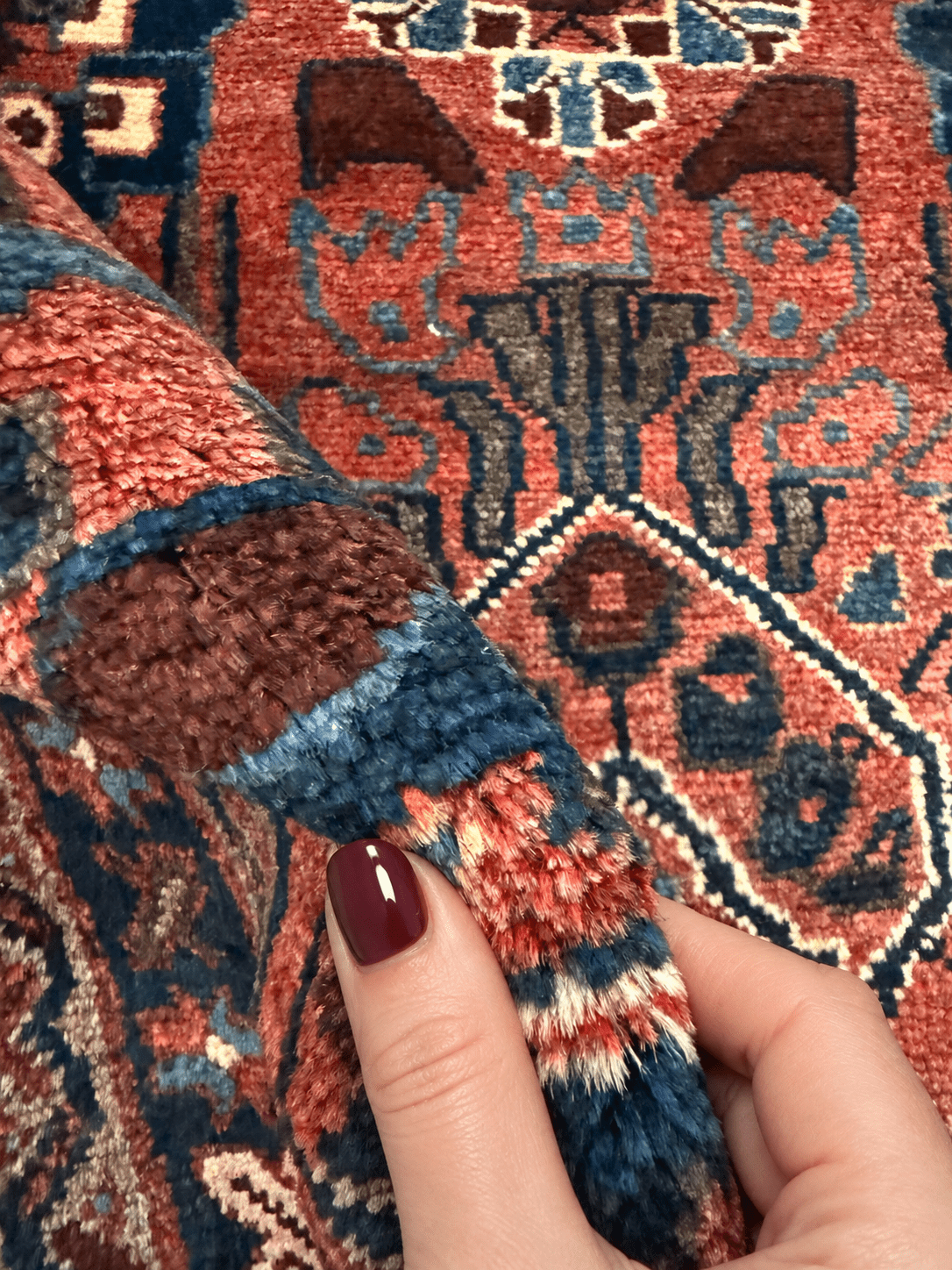 Vintage Dargazin Runner — Florals on a Dark Field with Warm Red Borders. Rug pile and texture detail; SKU RR 32283; source IMG_7615.