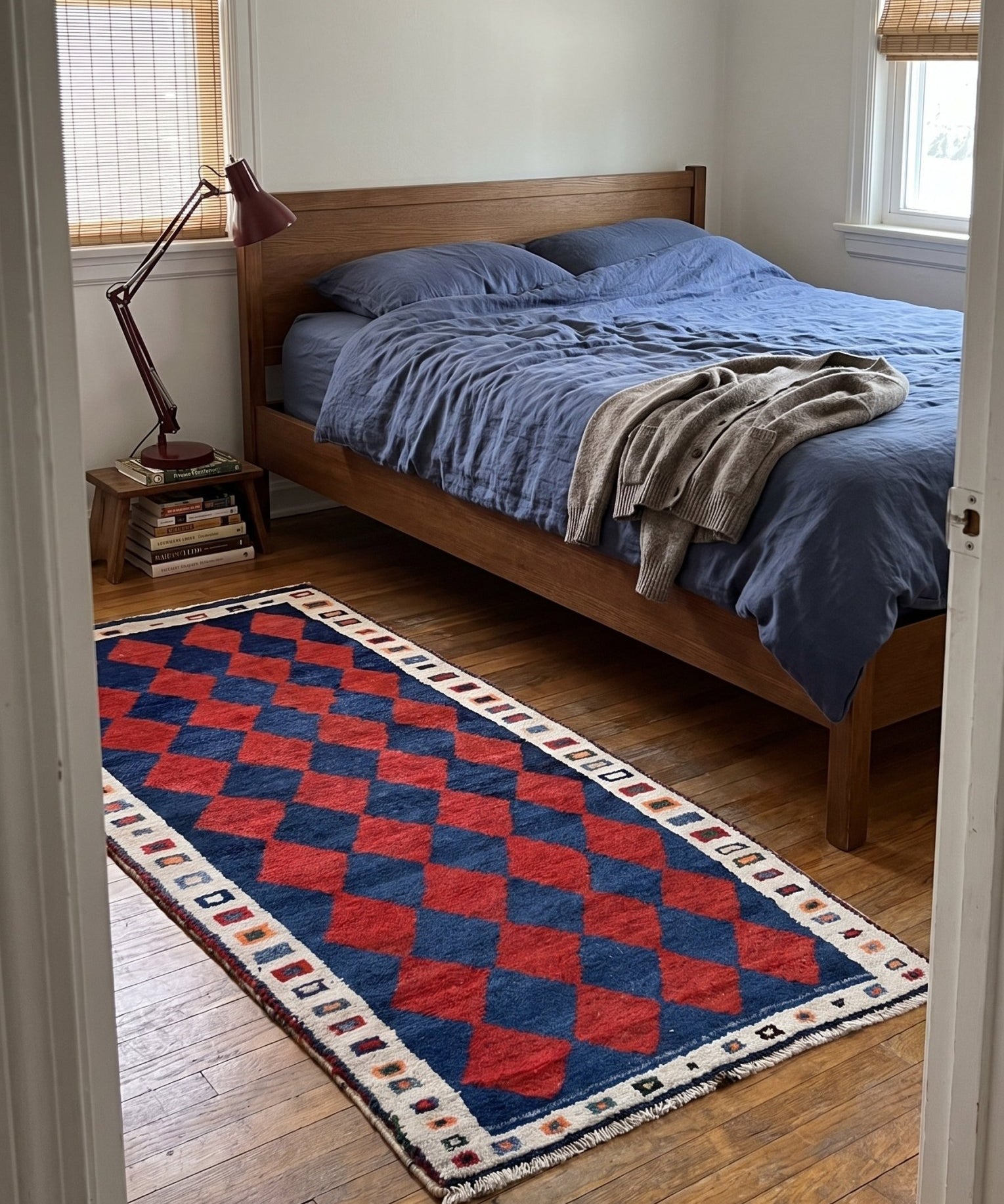 Vintage Gabbeh Rug — Scarlet & Cobalt Diamonds | 2'9" × 6'1" - Rug the Rock - available