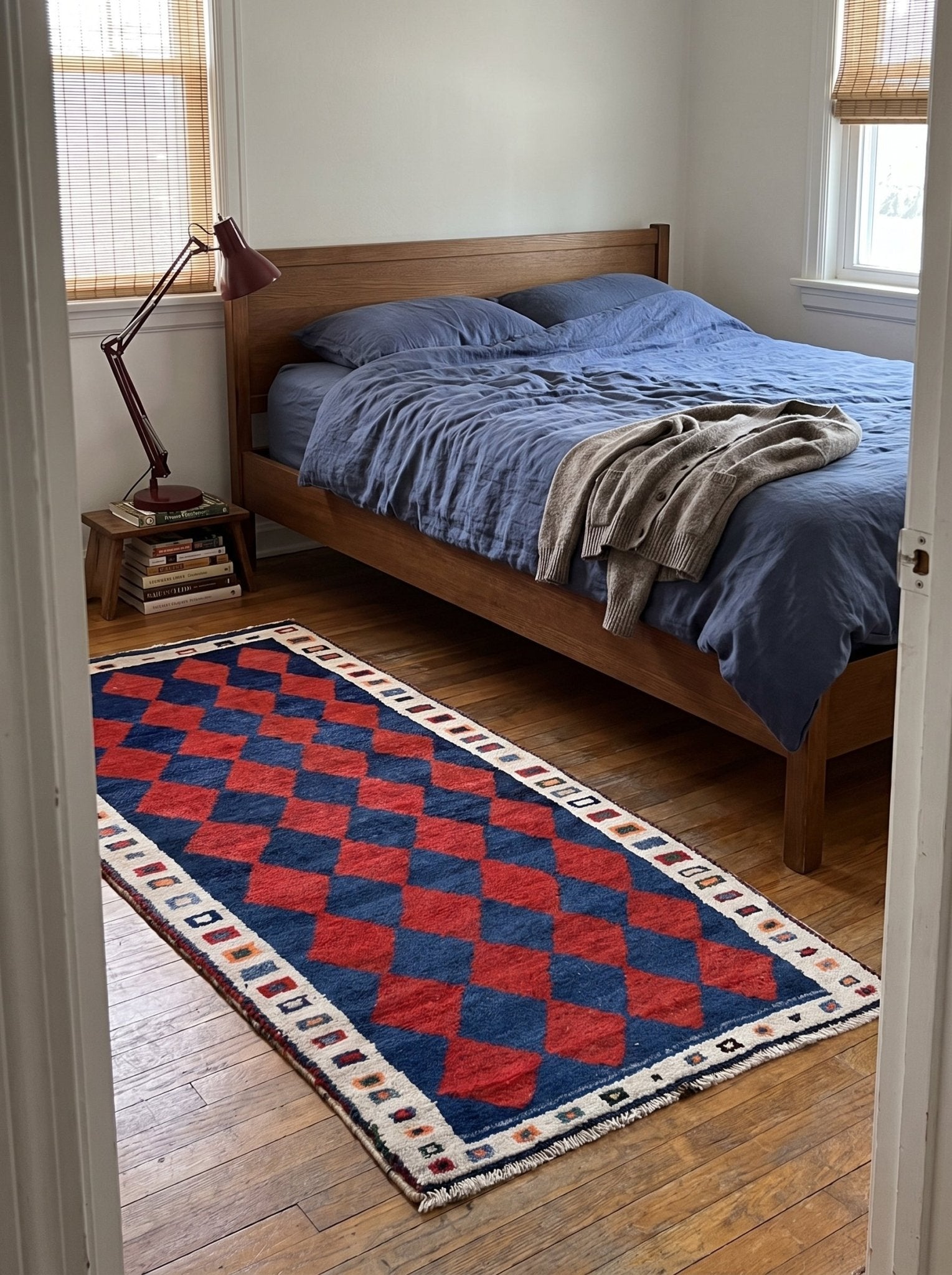 Vintage Gabbeh Rug — Scarlet & Cobalt Diamonds | 2'9" × 6'1" - Rug the Rock - available