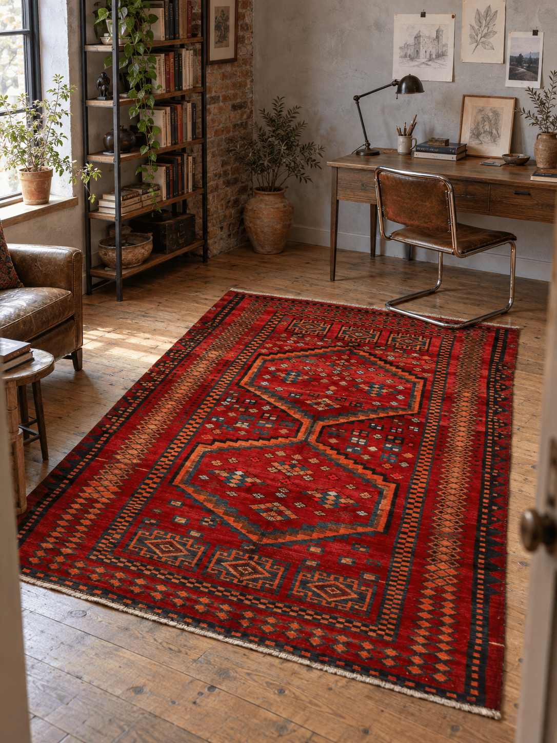 Vintage Hamadan Rug — Scarlet Stepped Medallions | 5'7" × 7'10" - Rug the Rock - availabletexas