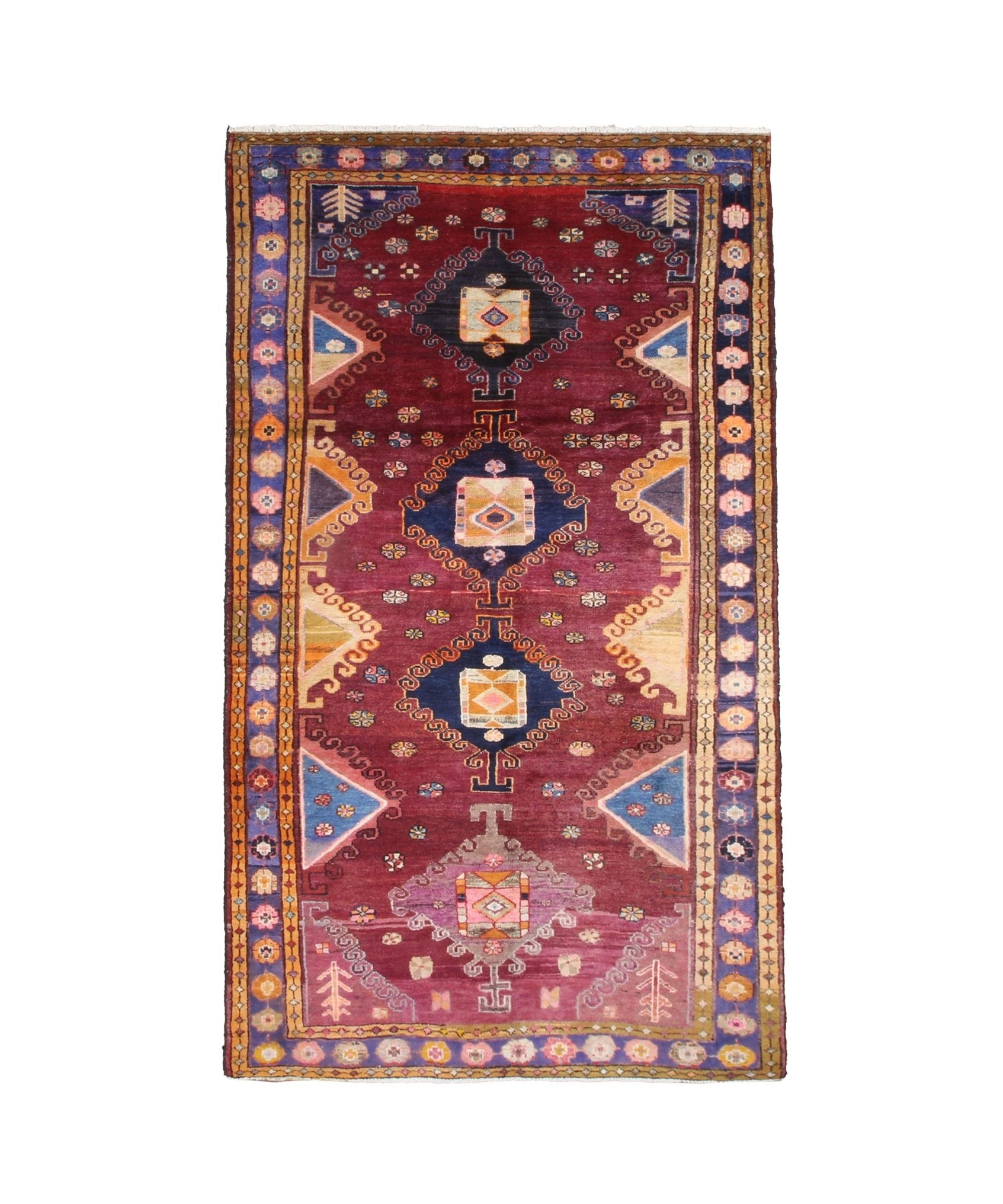 Vintage Hamadan Rug, top view on white background, hand-knotted wool pile. SKU 30894.
