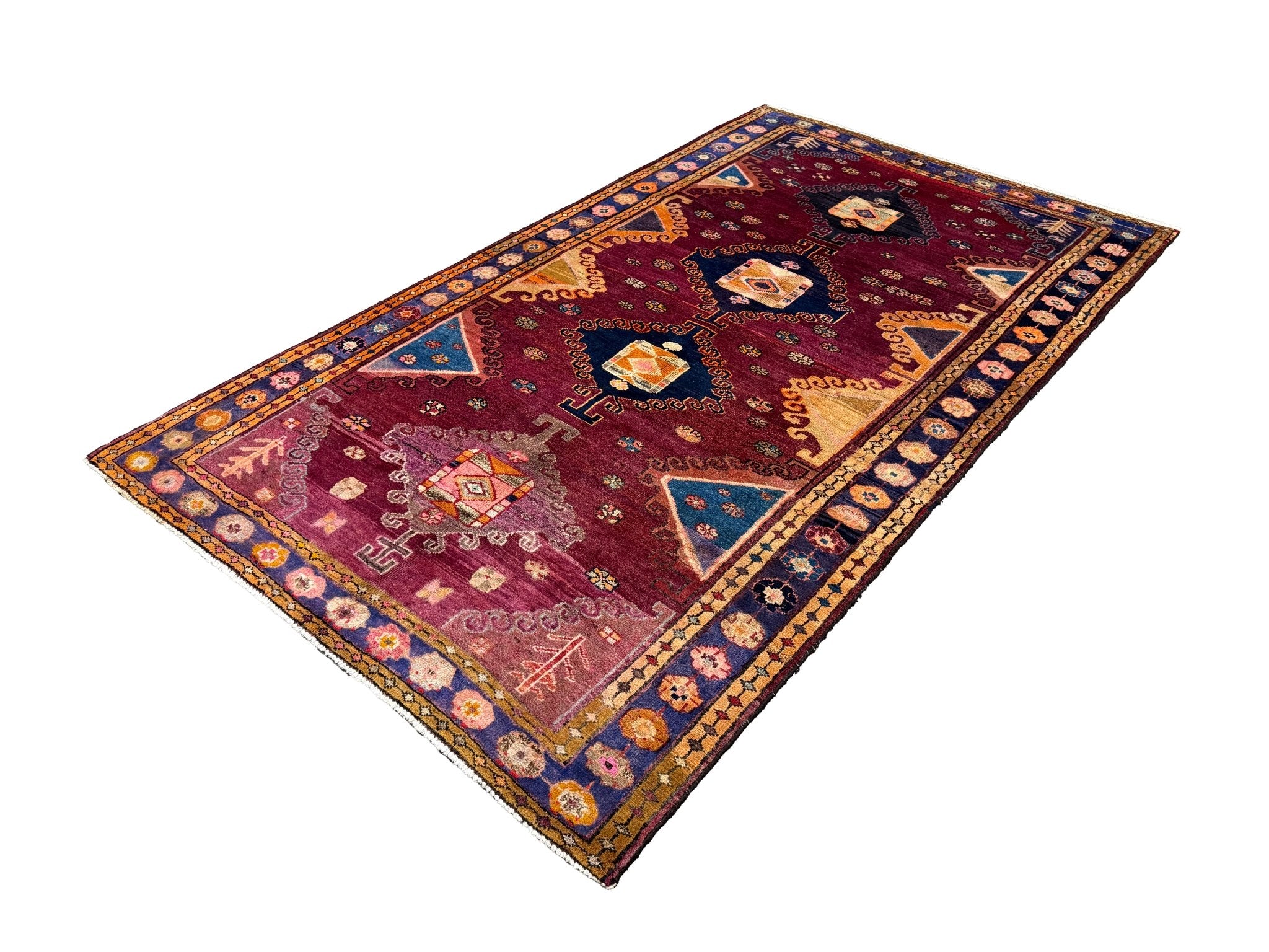 Vintage Hamadan Rug, diagonal perspective view of the complete rug, hand-knotted wool pile. SKU 30894.