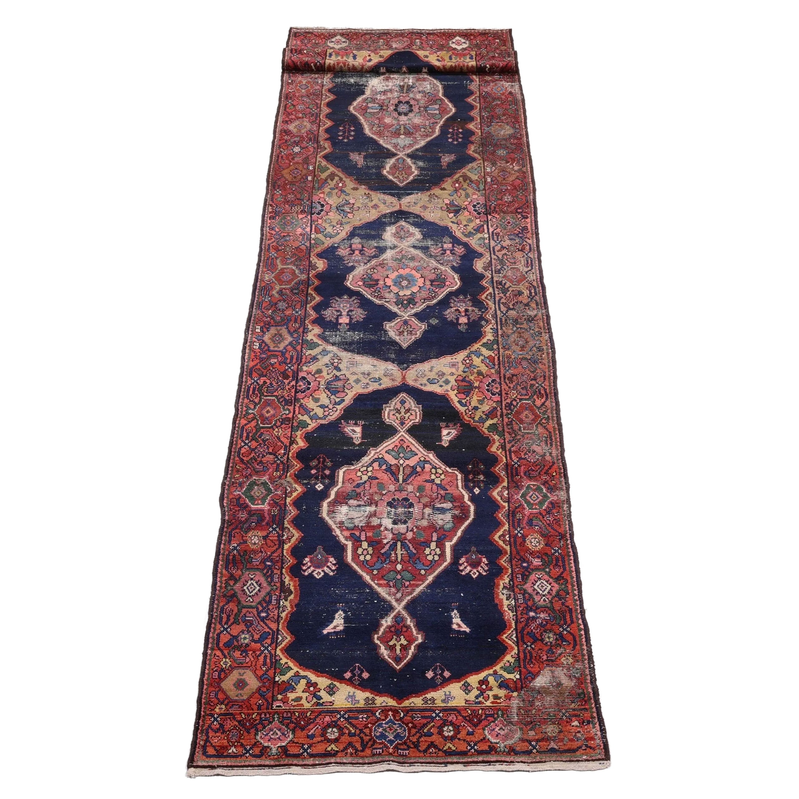 Vintage Kermanshah Runner | 3' 7" x 16' 6" — angled view, gallery 02