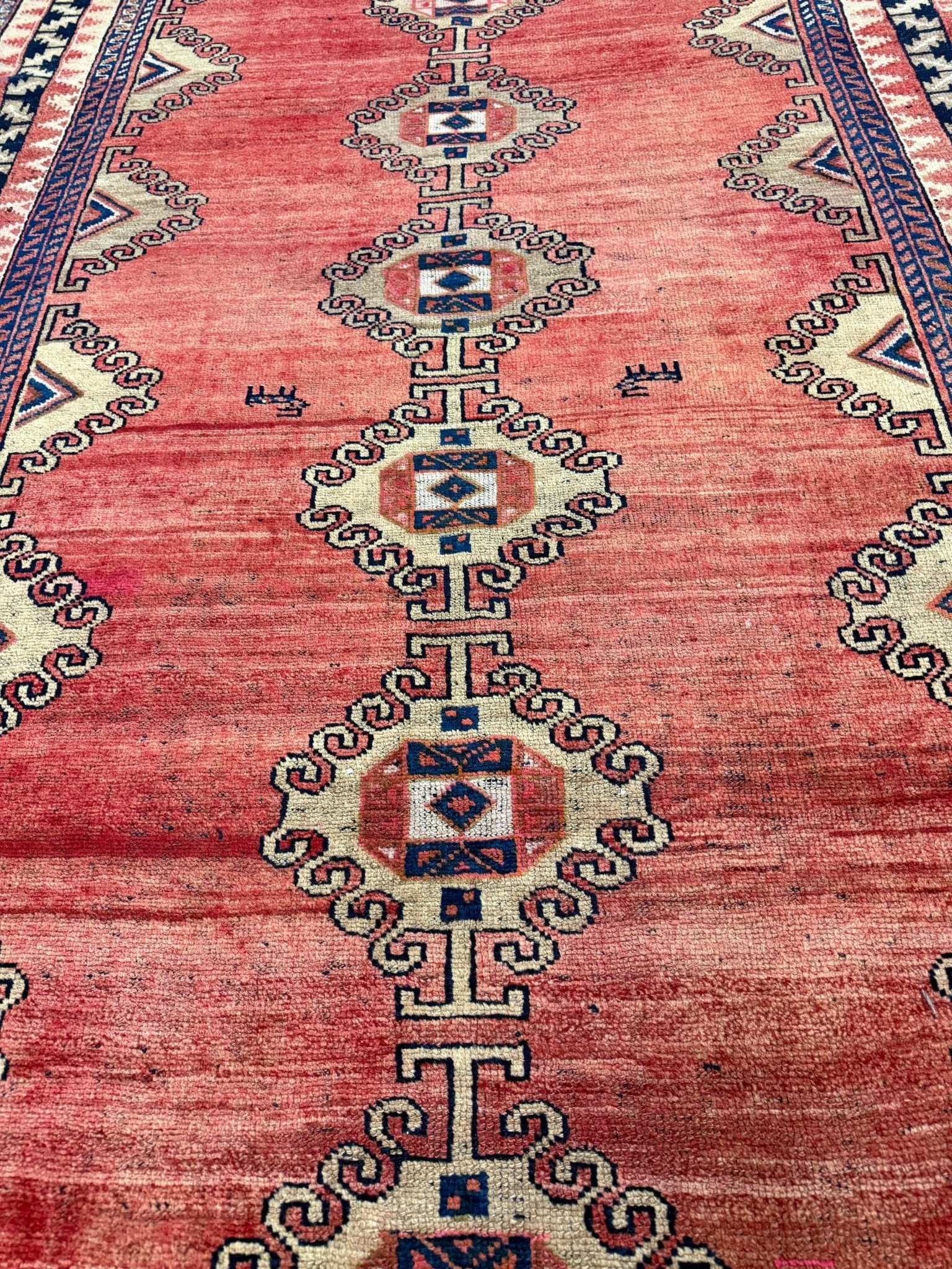 Vintage Luri Runner — Small Diamond Medallions on Coral Red. Original rug photograph; SKU RR32252; source IMG_6872.