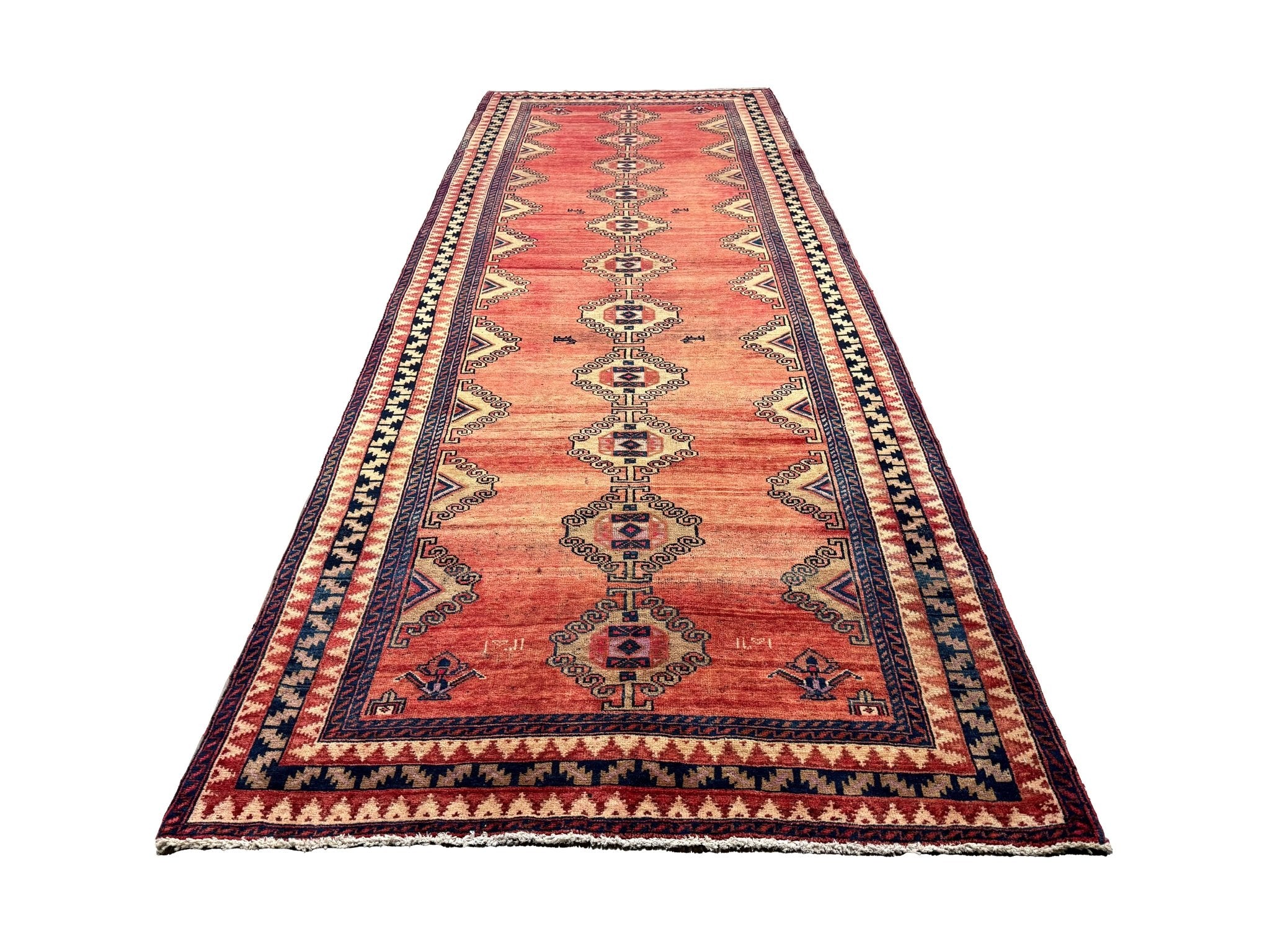Persian Luri Runner, lengthwise view, hand-knotted wool with red colouring. SKU RR 32252.