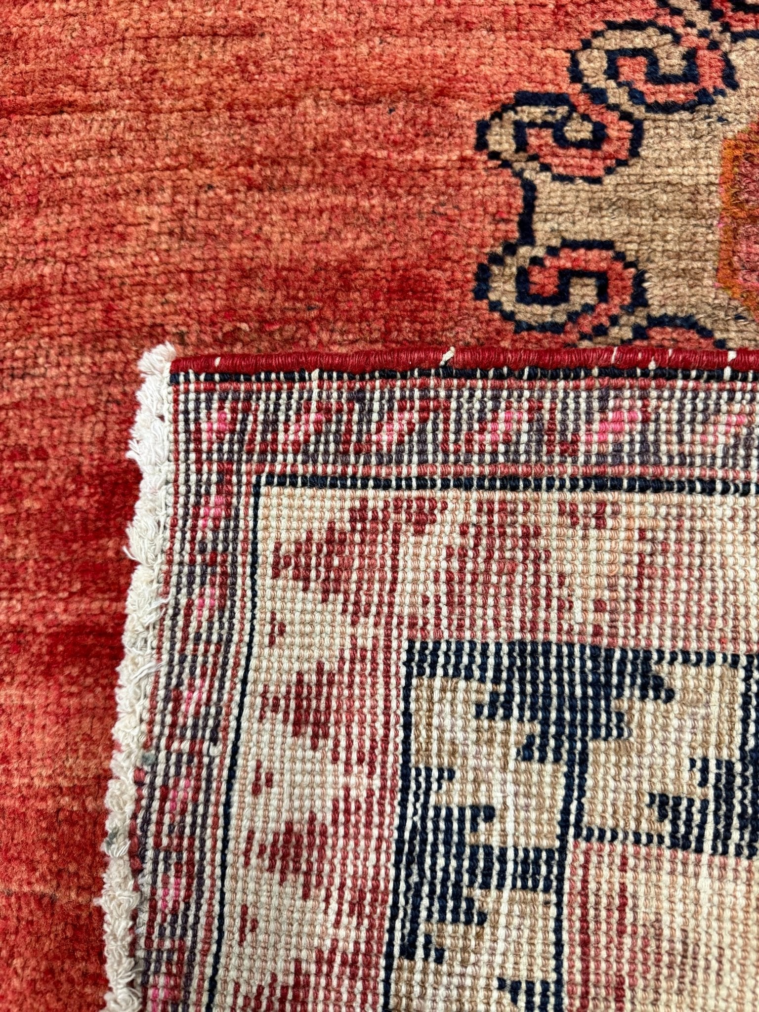 Vintage Luri Runner — Small Diamond Medallions on Coral Red. Original rug photograph; SKU RR32252; source IMG_6865.
