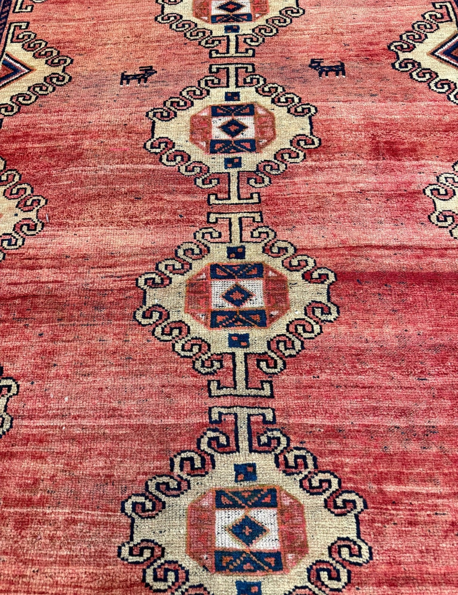 Vintage Luri Runner — Small Diamond Medallions on Coral Red. Original rug photograph; SKU RR32252; source IMG_6862.