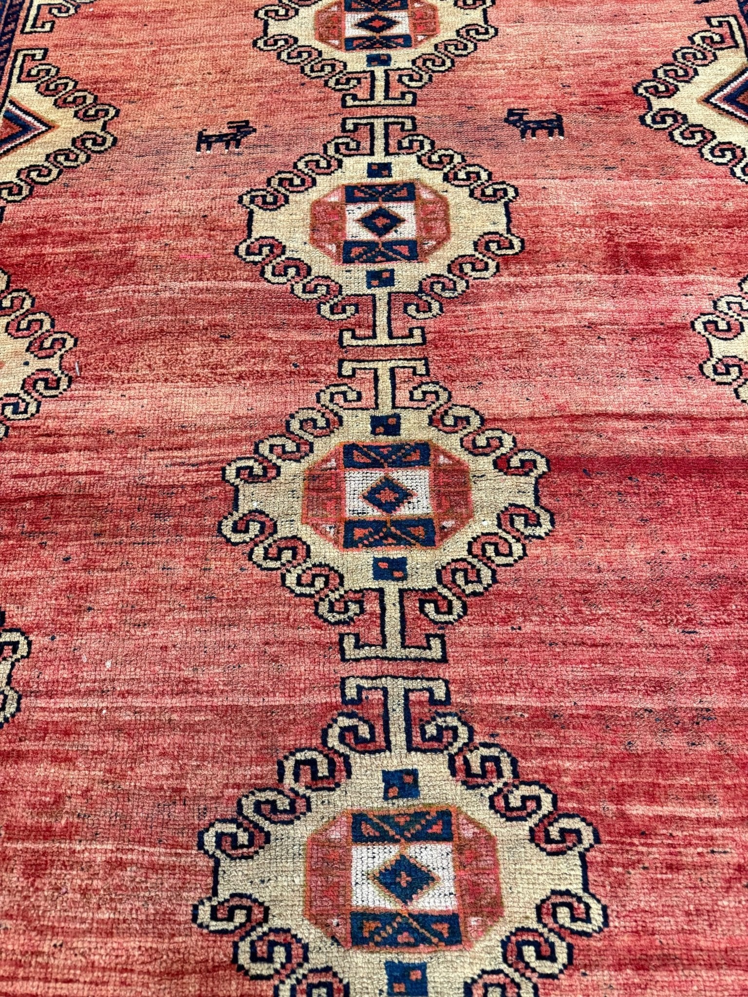 Vintage Luri Runner — Small Diamond Medallions on Coral Red. Original rug photograph; SKU RR32252; source IMG_6862.