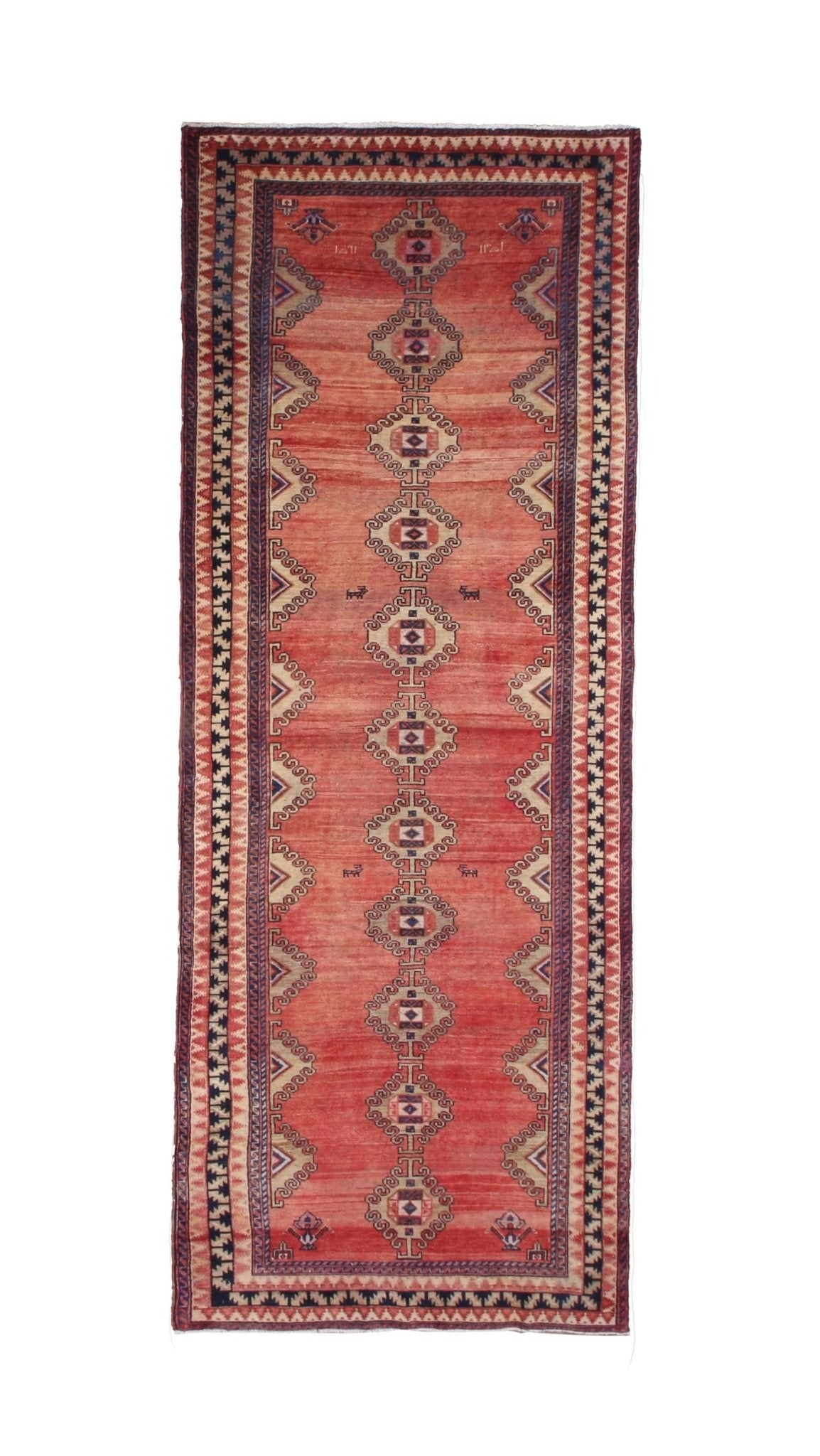 Persian Luri Runner, top view on white background, hand-knotted wool with red colouring. SKU RR 32252.
