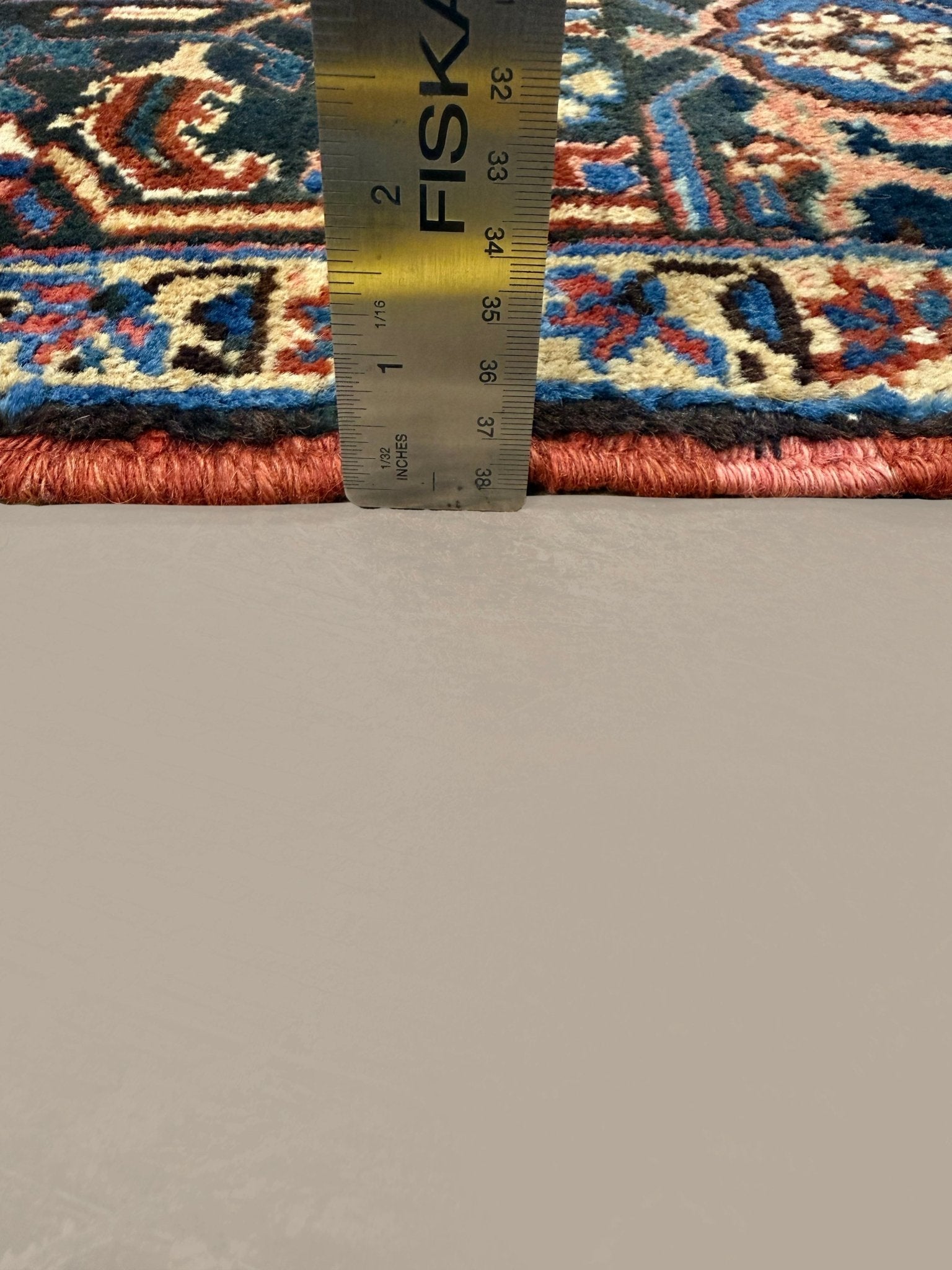 Vintage Mehravan Rug, side-on pile and edge detail with a ruler, hand-knotted wool pile. SKU 1.0488.