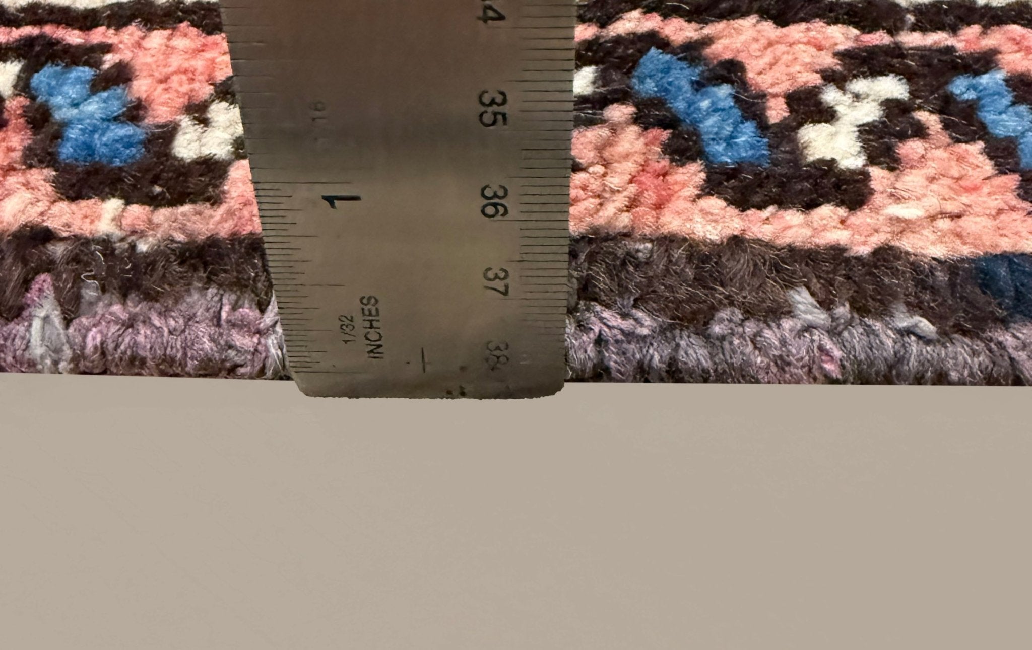 Vintage Mehravan Rug, side-on pile and edge detail with a ruler, hand-knotted wool pile. SKU PP 107502.