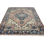 Vintage Mehravan Rug, full rug in perspective showing the patterned field and borders, hand-knotted wool pile. SKU PP 107502.