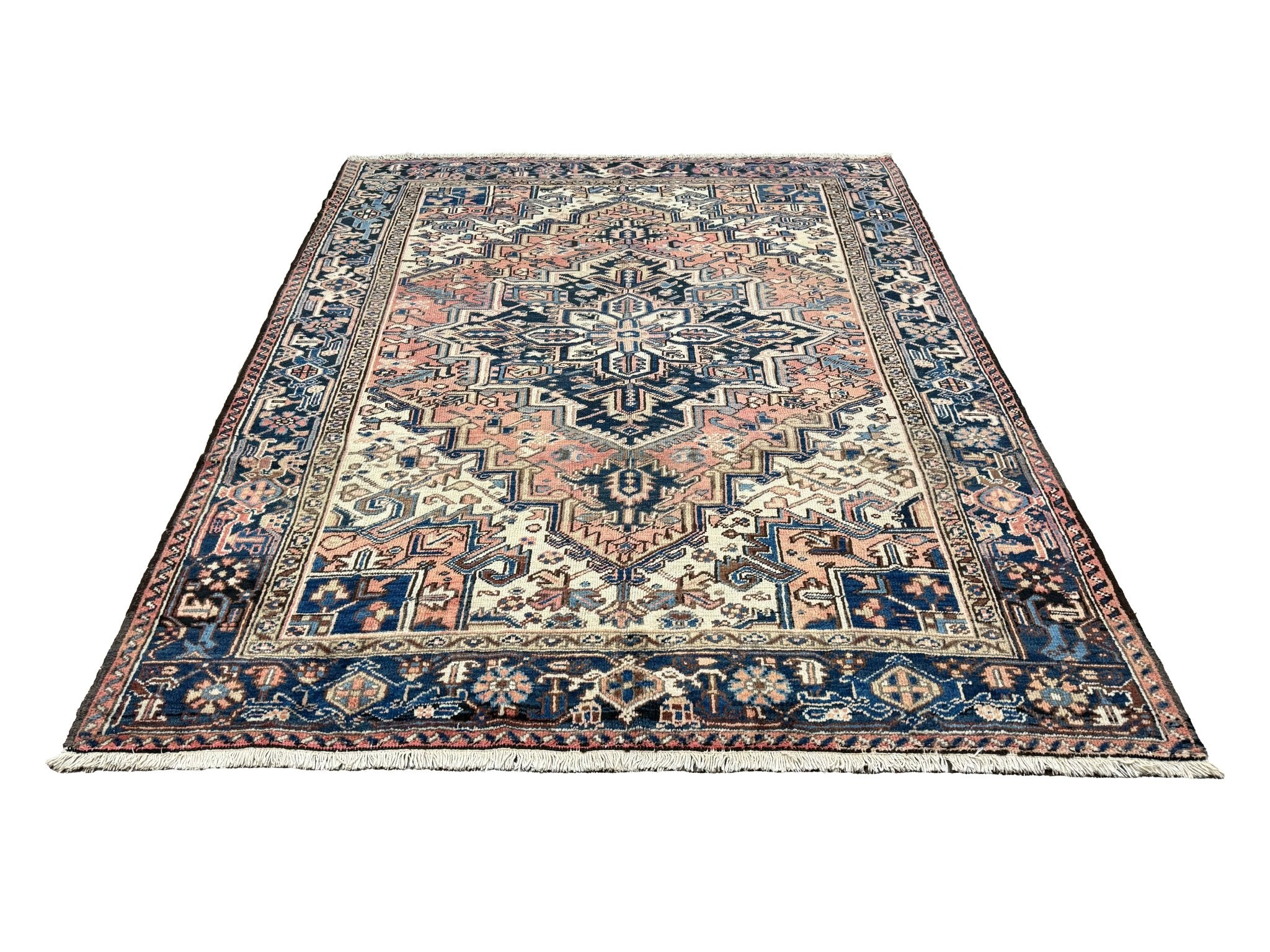 Vintage Mehravan Rug, full rug in perspective showing the patterned field and borders, hand-knotted wool pile. SKU PP 107502.