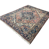 Vintage Mehravan Rug, diagonal perspective view of the complete rug, hand-knotted wool pile. SKU PP 107502.