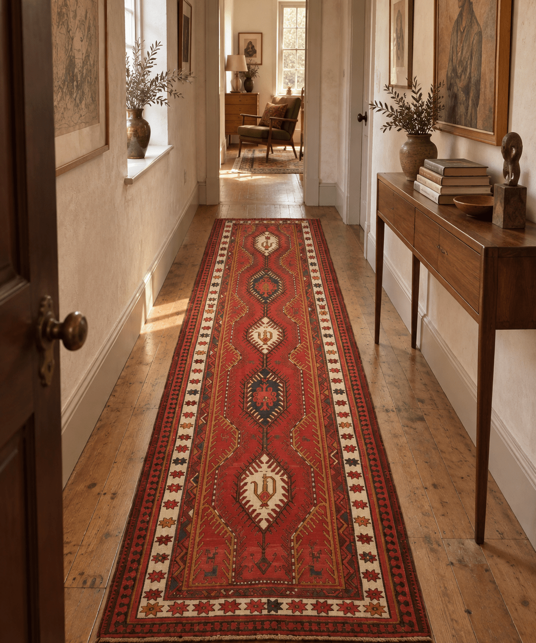 AI-generated lifestyle visualization of a vintage Azerbaijan Soumak runner, 3'9" × 11', in a hallway; original product photos show the actual rug.