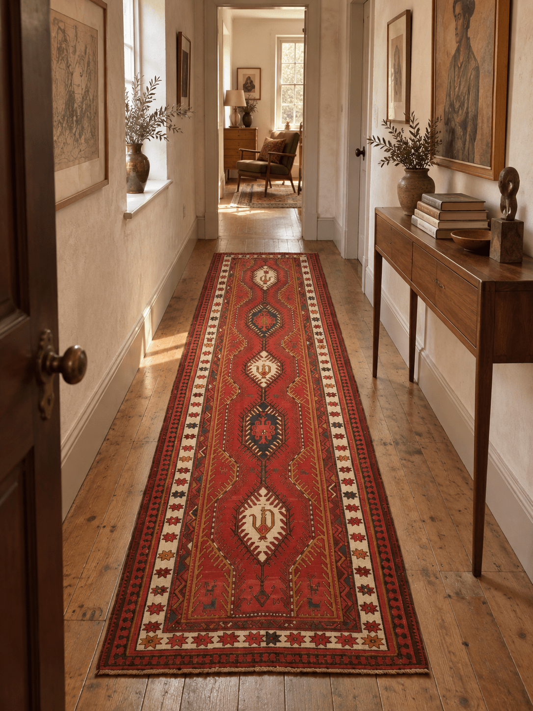 AI-generated lifestyle visualization of a vintage Azerbaijan Soumak runner, 3'9" × 11', in a hallway; original product photos show the actual rug.