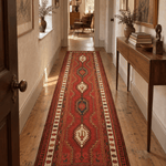 AI-generated lifestyle visualization of a vintage Azerbaijan Soumak runner, 3'9" × 11', in a hallway; original product photos show the actual rug.